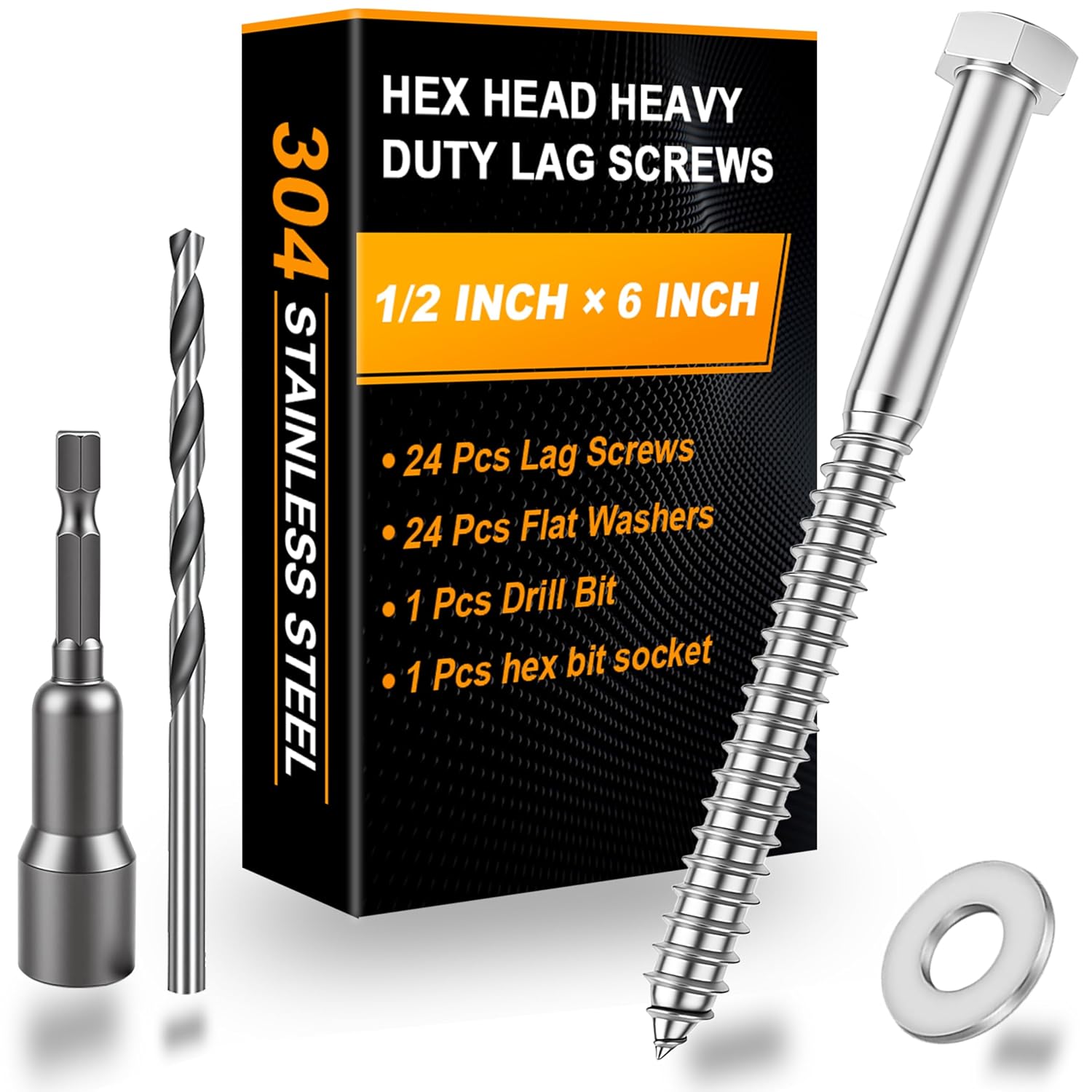 24 Pcs 1/2' x 6' Hex Head Lag Screws for Wood, Hex Head Lag Bolts,304 Stainless Steel 18-8 Heavy Duty Wood Screw with Flat Washers (24, 1/2' x 6')