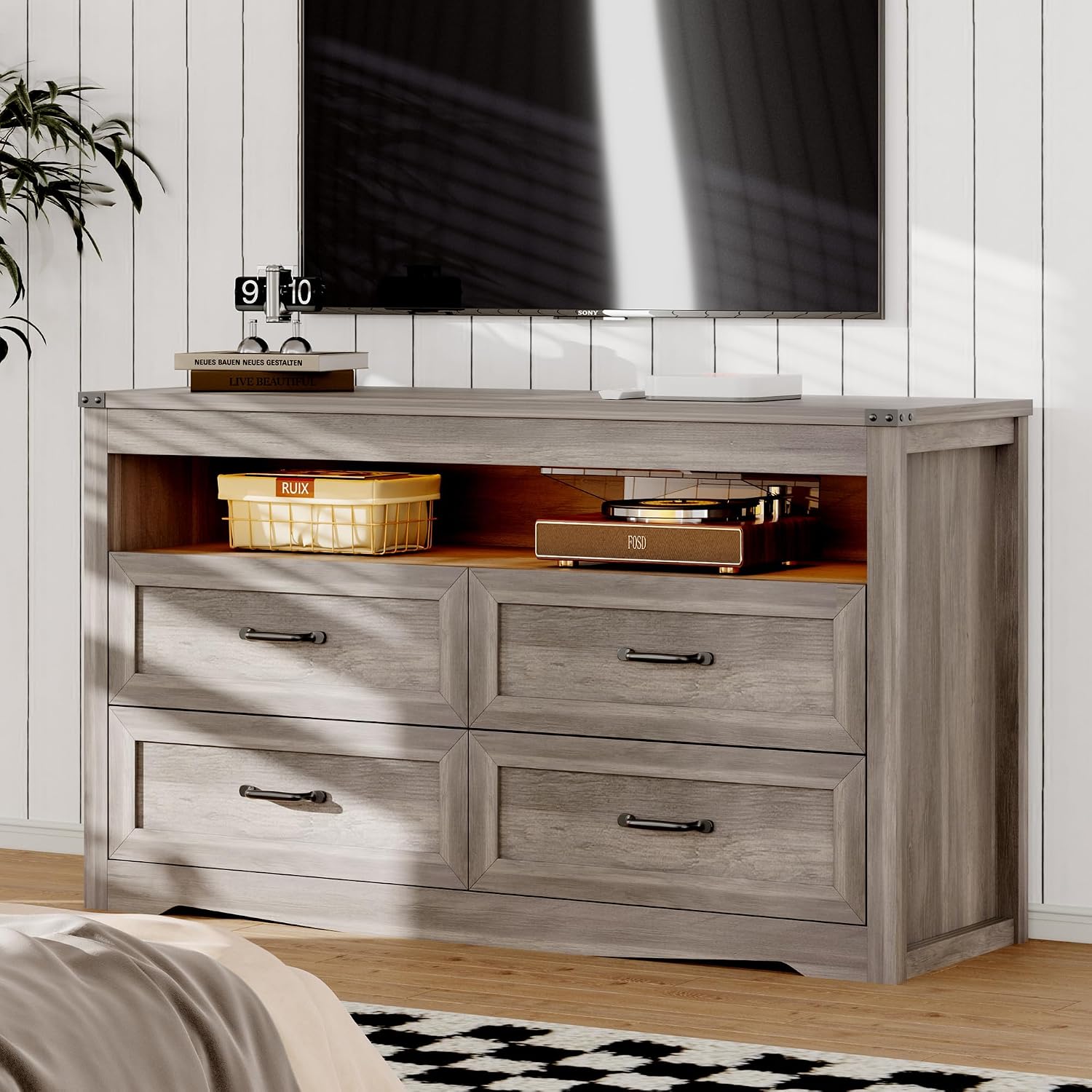 Dresser for Bedroom with 4 Drawers, Farmhouse Chest of Drawers with Natural Texture and LED Lights, Wide Wood Rustic Closet Storage Organizer, Modern Dresser TV Stand for Living Room, Entryway, Grey