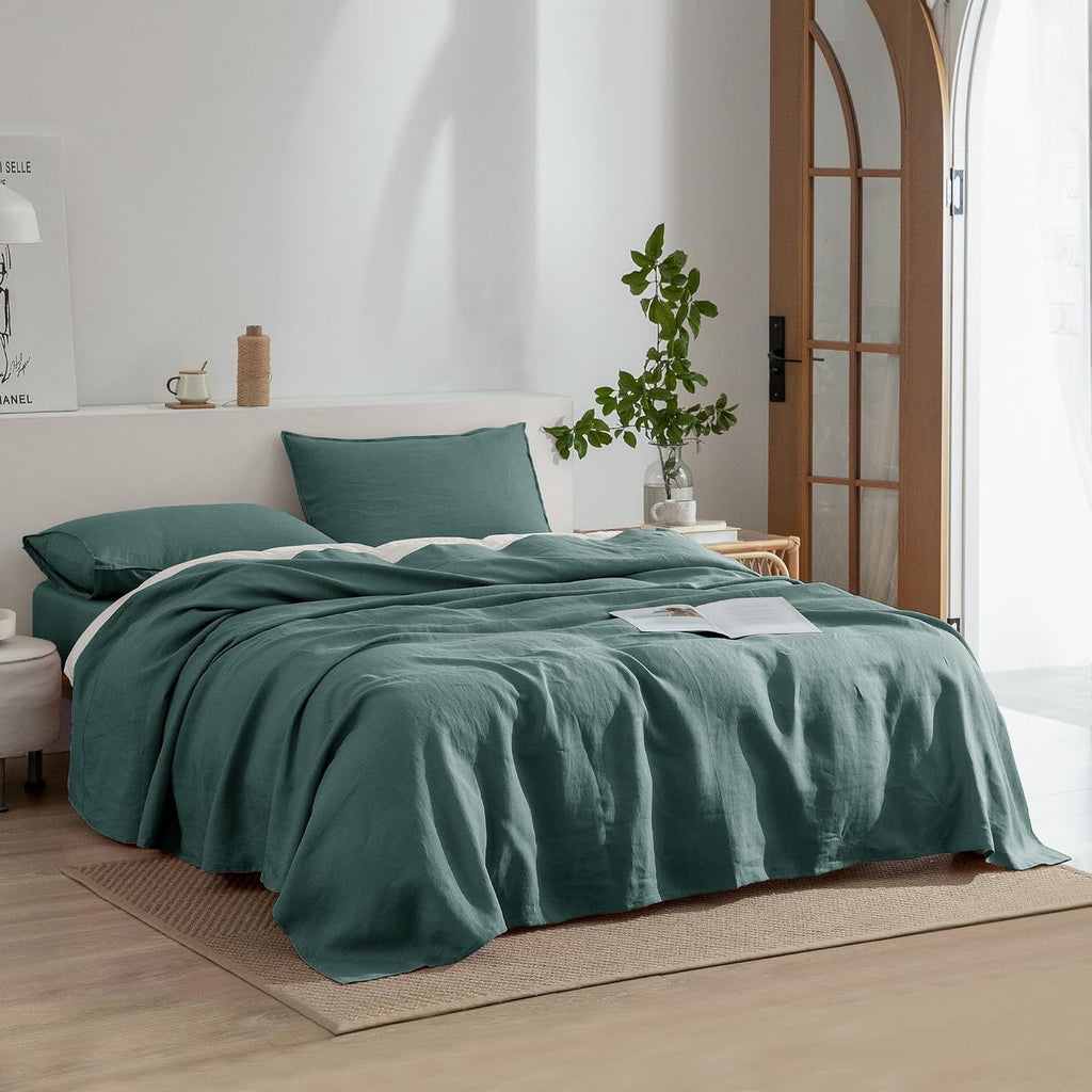 EVERLY Linen Sheets Set Full Size,100% French Stonewash Pure Linen Bed Sheets,4Pieces (1Flat Sheet,1Fitted Sheet,2Pillowcase) Suitable for Hot Sleepers,Deep Pocket Natural Bedding Set-Aqua