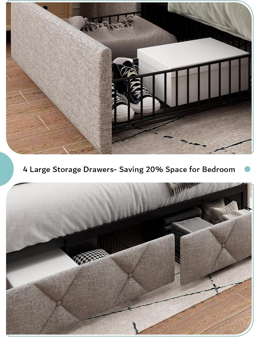iPormis King Size Bed Frame with 4 Storage Drawers, Upholstered Platform Bed Frame with Charging Station, Modern Wingback Storage Headboard, Easy Assembly, Light Grey