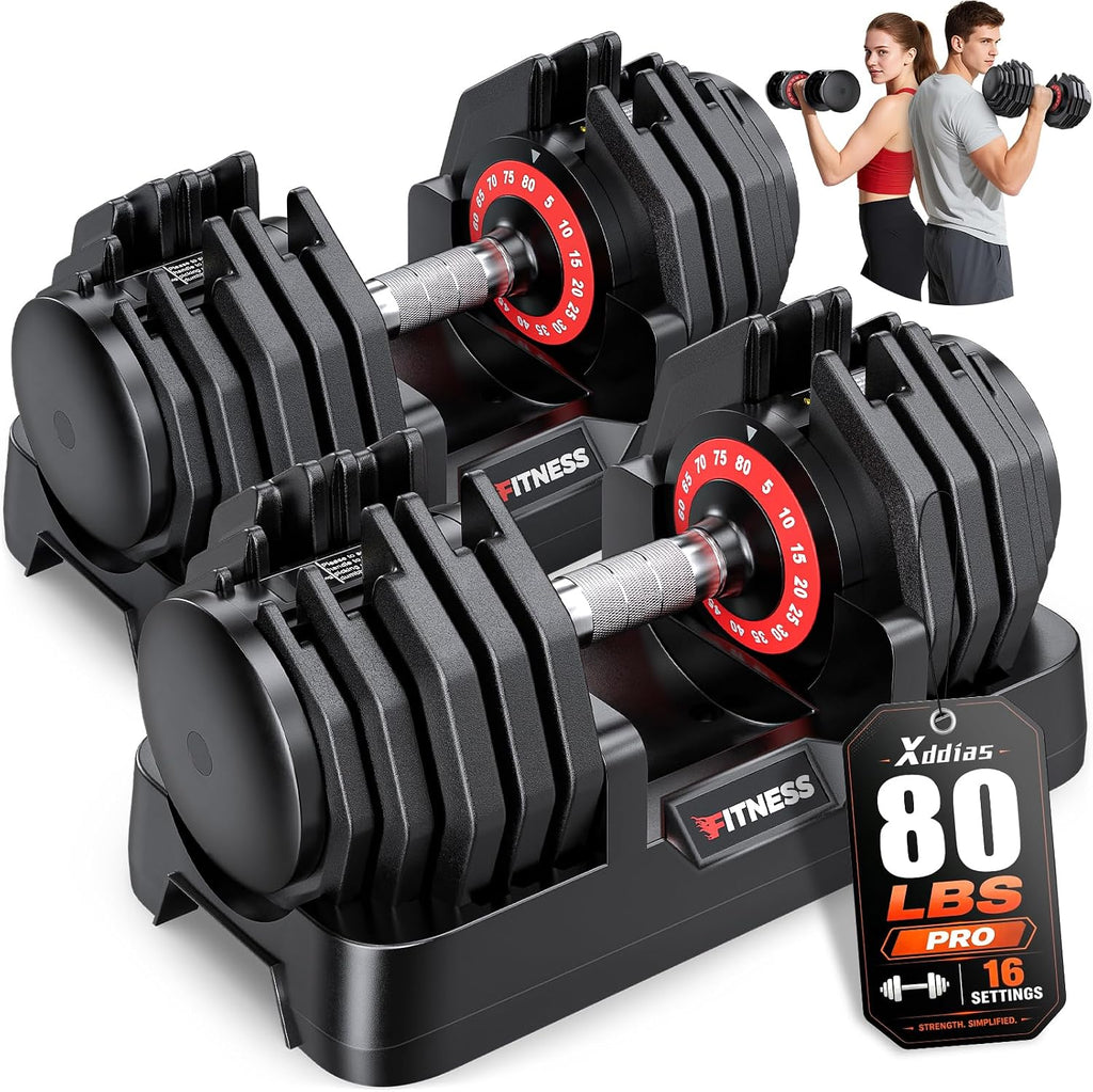 XDDIAS Adjustable Dumbbells Set of 2 for Strength Training, One-Hand Quick Adjust, 25/55/80/90 lbs Options, Anti-Slip Grip Handle, Compact Home Gym Weights for Men Women