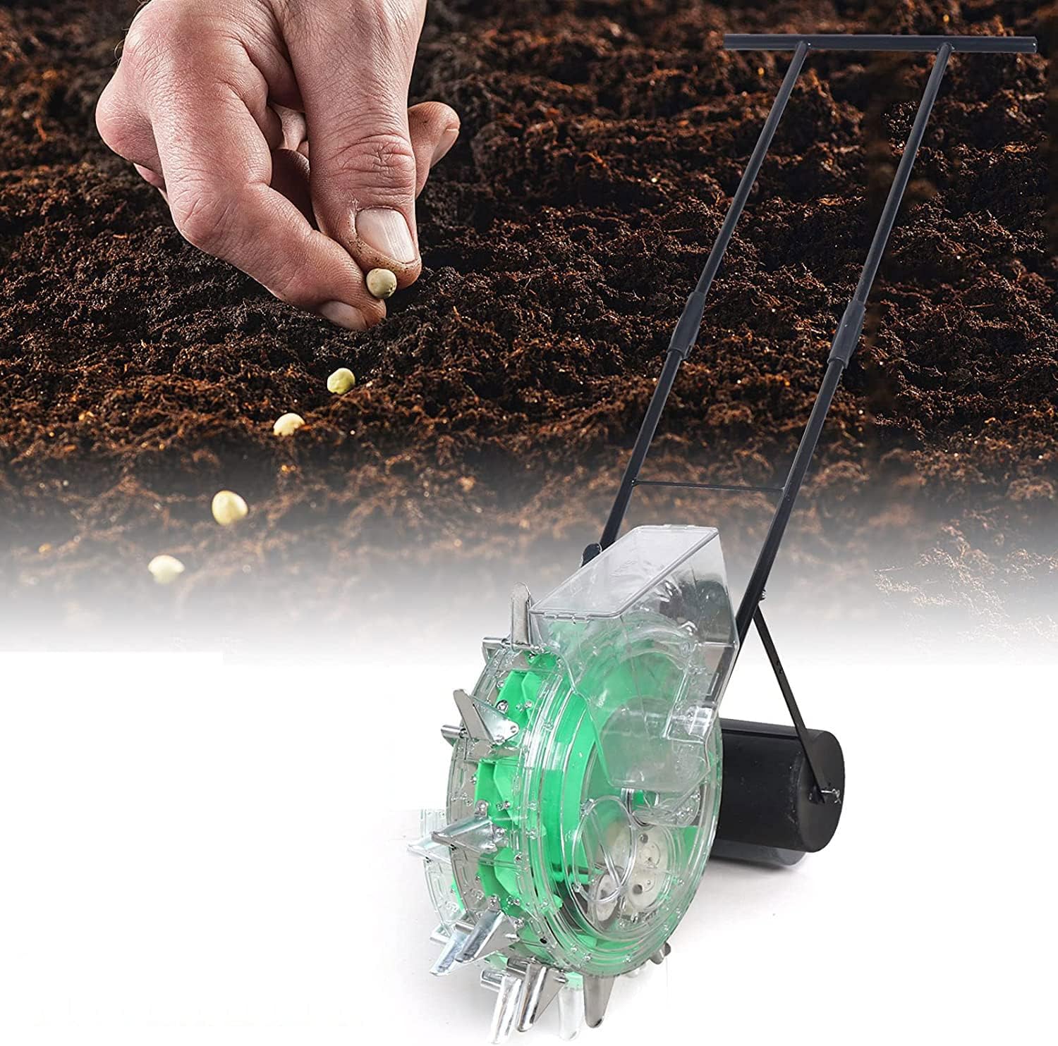 Push Spreader,Lawn & Garden Spreaders, Garden Seeder with 12 Seed Plates, Hand-Push Roller Seeder Planting Depth 1.4-3in(