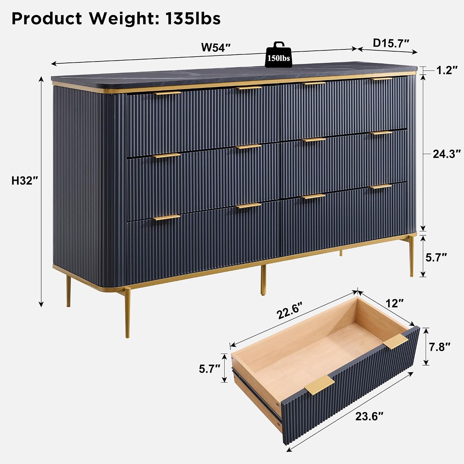 T4TREAM Fluted 6 Drawers Dresser for Bedroom, 54' Wide Modern Dresser TV Stand, Gold Accents, Fluted Fronts, Wood Storage Dressers Organizer for Bedroom, Living Room, (Dark Grey)