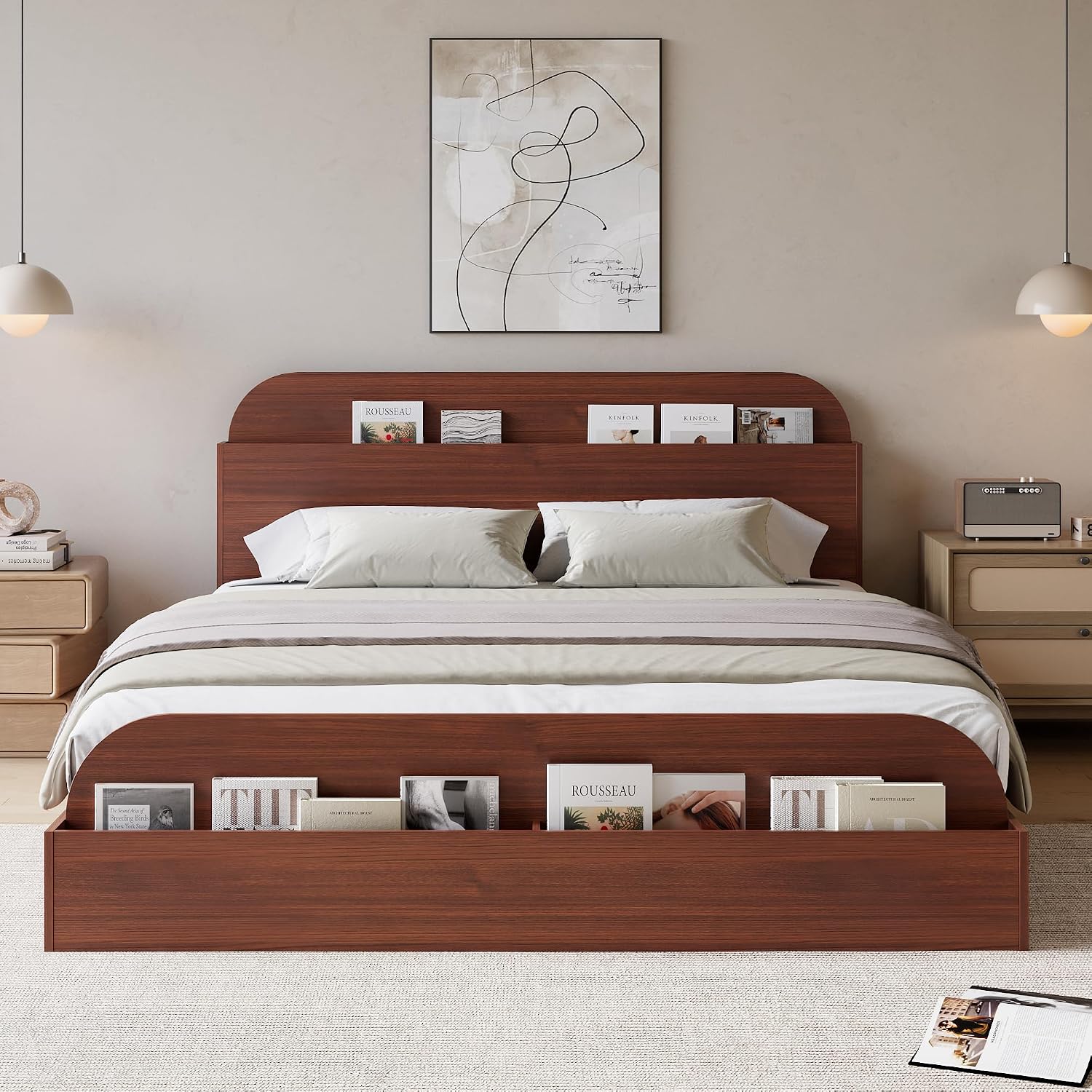 GarveeHome Full Size Bed Frame, Wooden Beds with Storage Headboard and Raised-Foodboard, Full-Floor Low Platform Bed for Bedroom, Sturdy Wooden Slats Support, No Box Spring Needed, Espresso