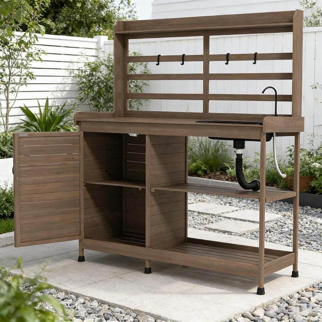 Potting Table, Wooden Potting Bench with Sink Table, Sturdy Garden Work Bench for Outside, Planting Table with Storage Cabinet & Top Shelf, Farmhouse Style, Natural Wood (Dark Brown)