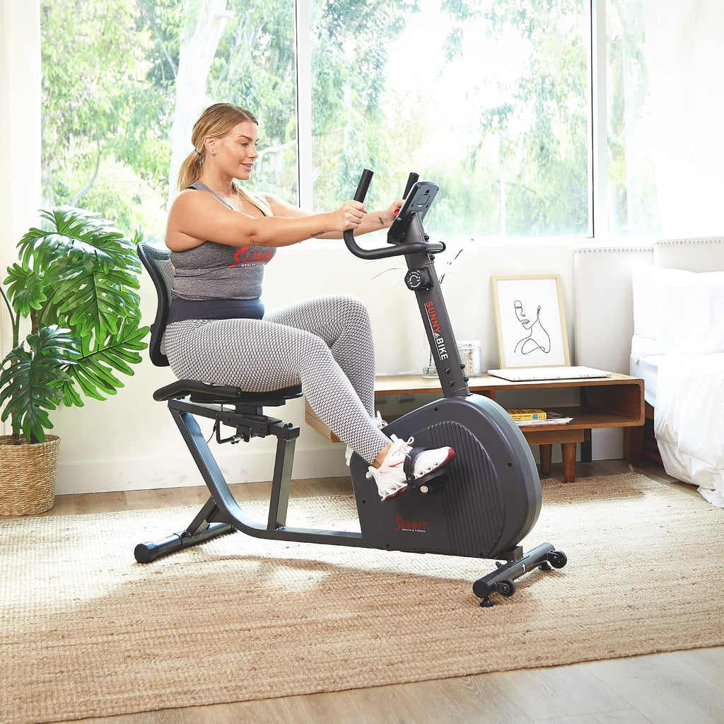 Sunny Health & Fitness Smart Recumbent Exercise Bike, Adjustable Cushion Seat & Mesh Back-Rest for Home Training, Magnetic Resistance & Belt-Drive for Quiet & Smooth workout, Free SunnyFit App Connect