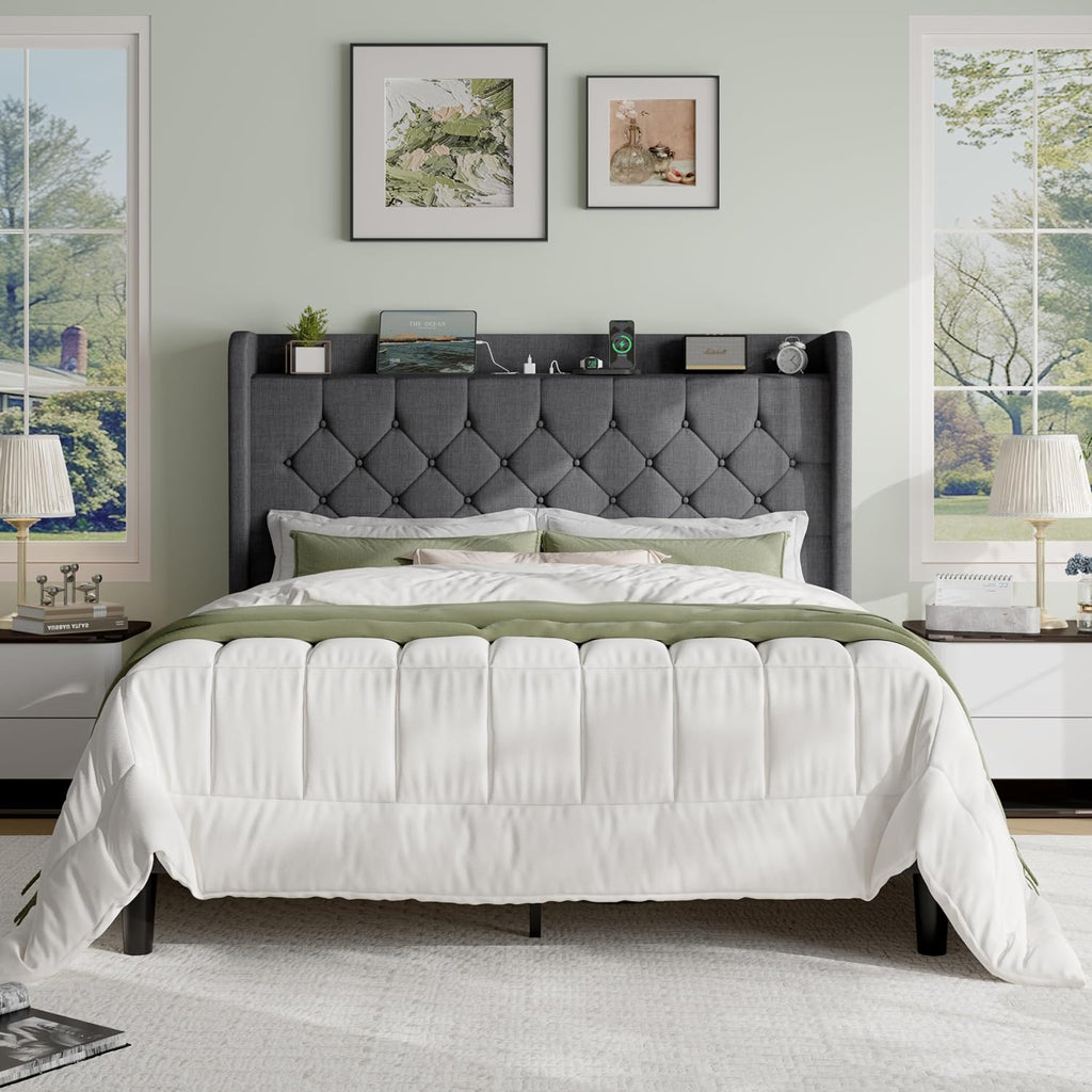 SHA CERLIN Full Size Platform Bed Frame with Charging Station, Linen Wingback Headboard with Storage Shelf, Wooden Slats Support, Ample Under-Bed Space, No Box Spring Needed, Easy Assembly, Dark Grey