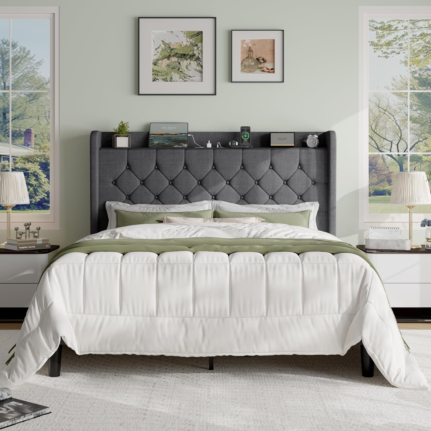 SHA CERLIN Full Size Platform Bed Frame with Charging Station, Linen Wingback Headboard with Storage Shelf, Wooden Slats Support, Ample Under-Bed Space, No Box Spring Needed, Easy Assembly, Dark Grey