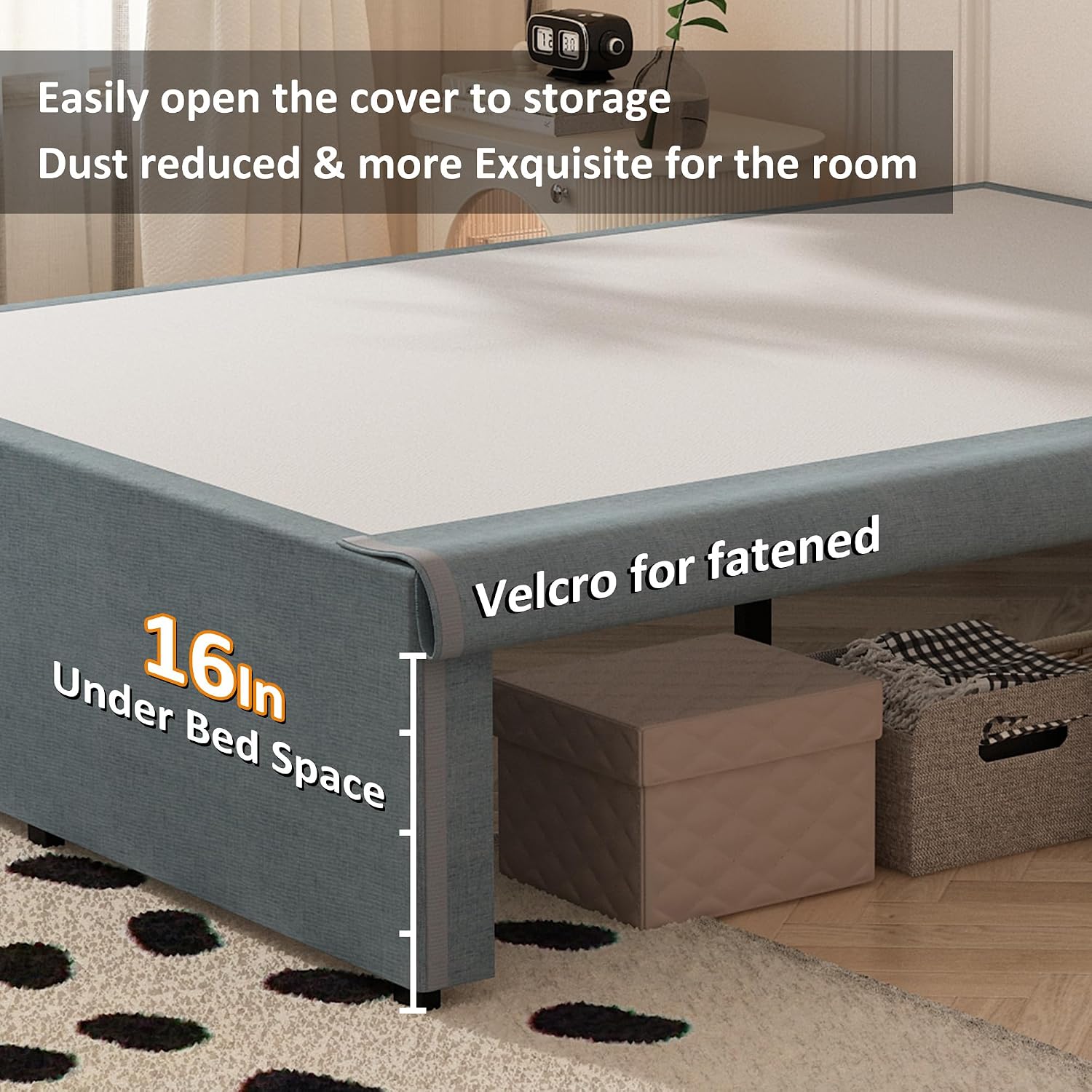 Maenizi Queen Bed Frame with Fabric Cover 18 Inch, Heavy Duty Metal Bed Frame Queen Size, No Box Spring Needed, Support Up to 3000 lbs, Easy Assembly, Noise Free, Black