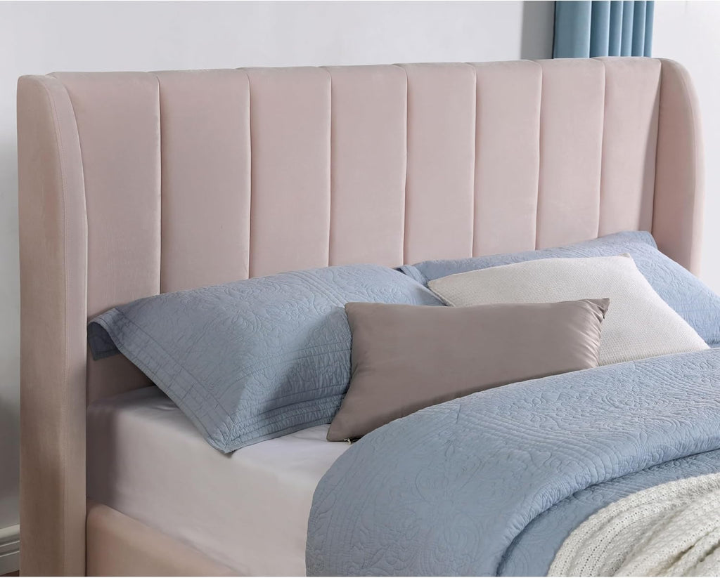 Furniture of America Navena Fabric Upholstered Full-Size Platform Bed with Wingback Design and Channel Tufting, Gold Metal Legs, No Box Spring Required for Bedroom, Guest Room, Light Pink