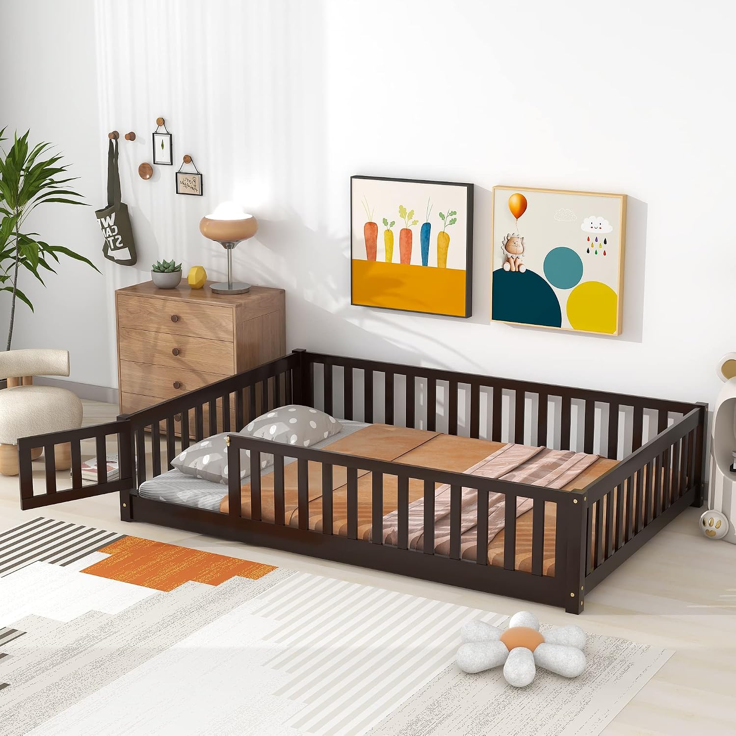 Bellemave Full Size Floor Bed with Door and Fence for Kids, Montessori Floor Bed with Slats and Safety Guardrails,Solid Wood Full Bed Frame for Girls Boys(Full,Espresso)