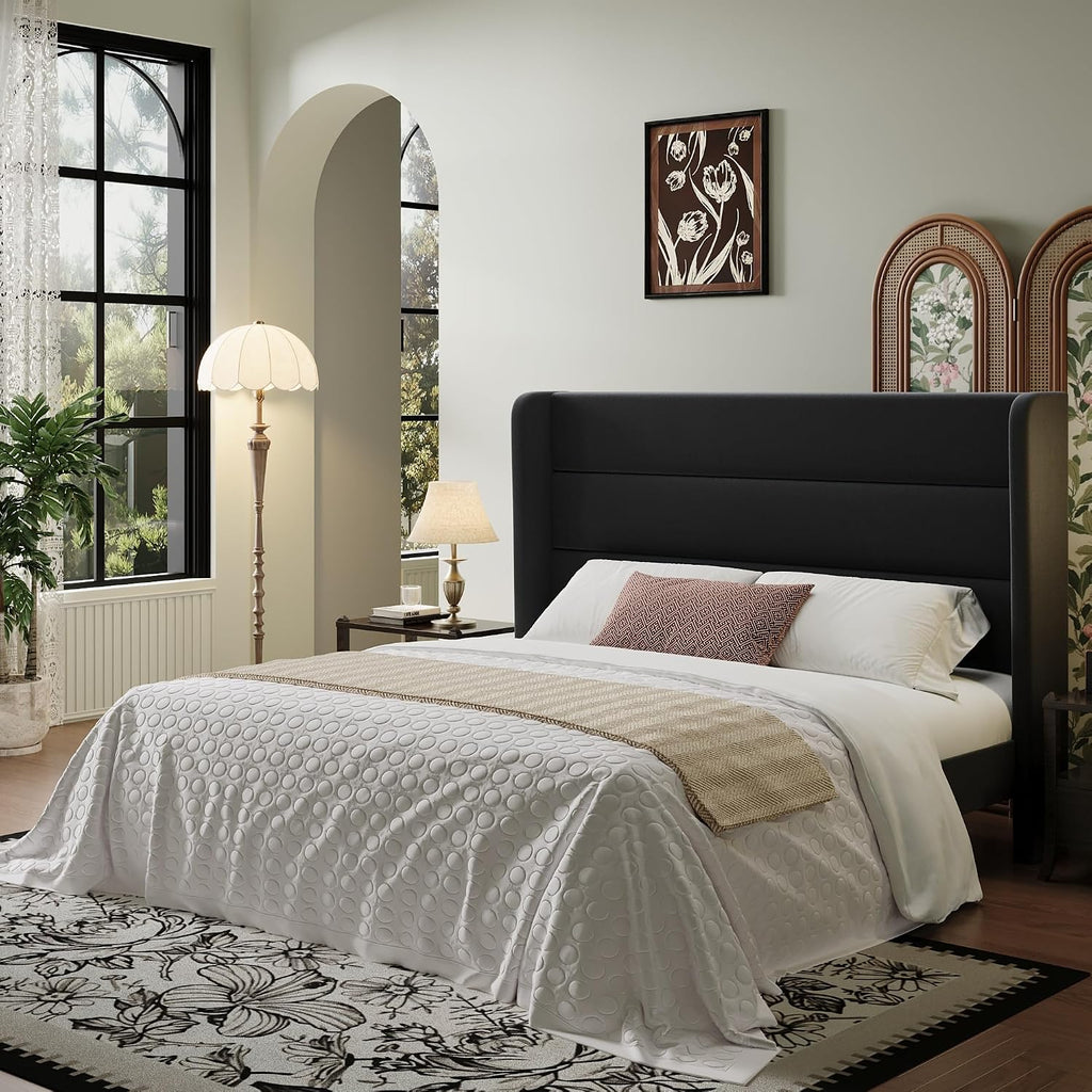 SHA CERLIN Full Size Velvet Bed Frame with Wingback Headboard/Upholstered Platform Bed with Wooden Slats/Mattress Foundation/No Box Spring Needed/Easy Assembly/Black