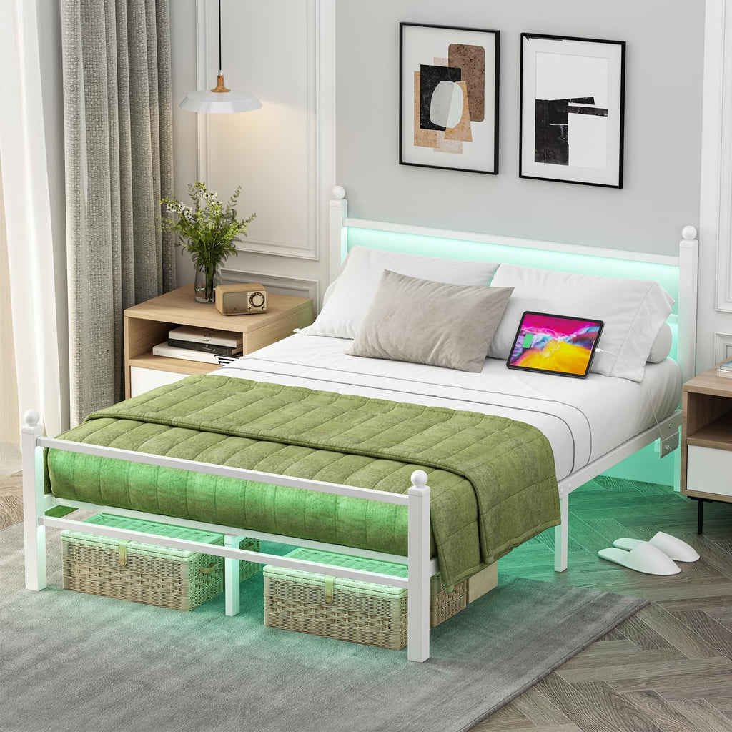 Jenmit Full Size Bed Frame with Charging Station & LED Lights,Full Metal Platform Bed Frame with Headboard and Footboard, Storage Space Under Bed,No Box Spring Needed,Noise Free, Easy Assembly, White