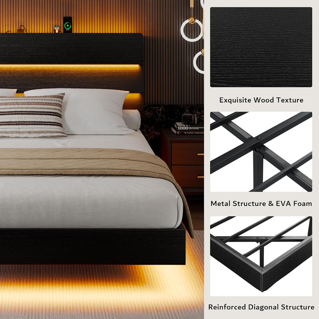 iPormis Floating Full Size Bed Frame with LED Lights & Charging Station, Platform Bed with Wooden Storage Headboard, Steel Slats Support, No Box Spring Needed, Easy Assembly, Noise-Free, Black