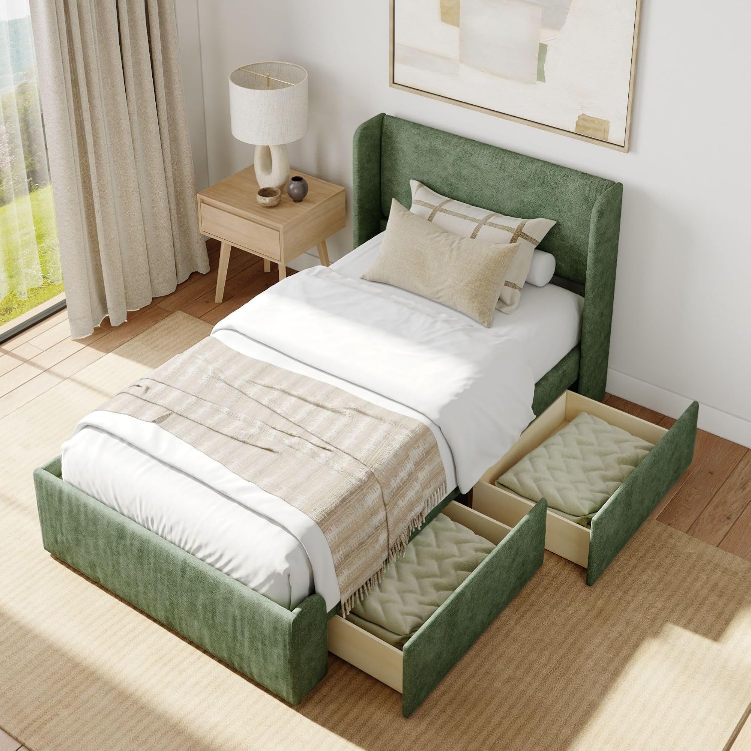 Plank+Beam Upholstered Twin Bed Frame with Rectangular Headboard and Two Storage Drawers, Upholstered Platform Bed, No Box Spring Needed, Easy Assembly, Green