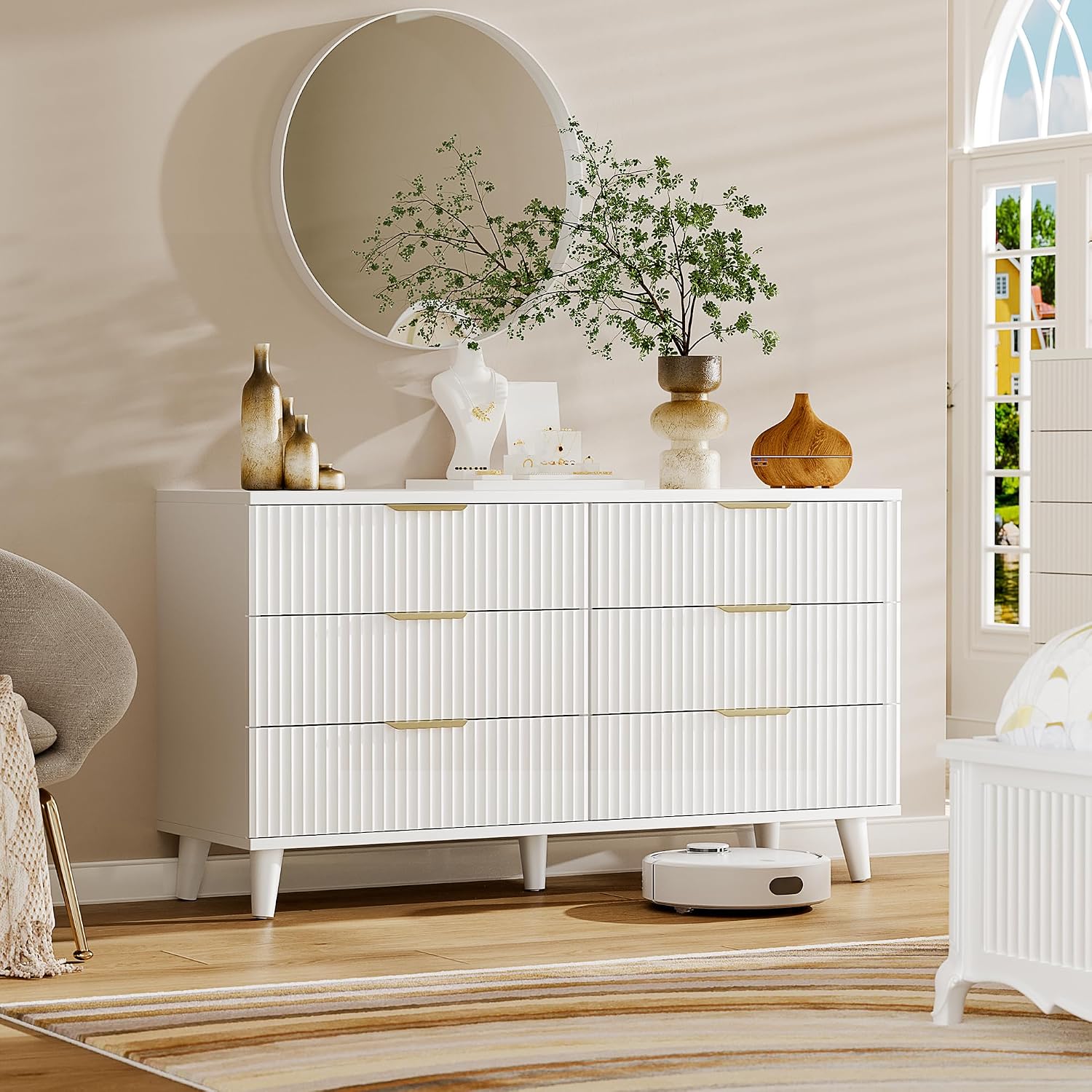 Lulive White Dresser for Bedroom Wood Dressers Chest of Drawers, Fluted 53.2' Wide Modern Long Dresser TV Stand 6 Drawers for Bedroom, Closet, Living Room, Hallway (White)