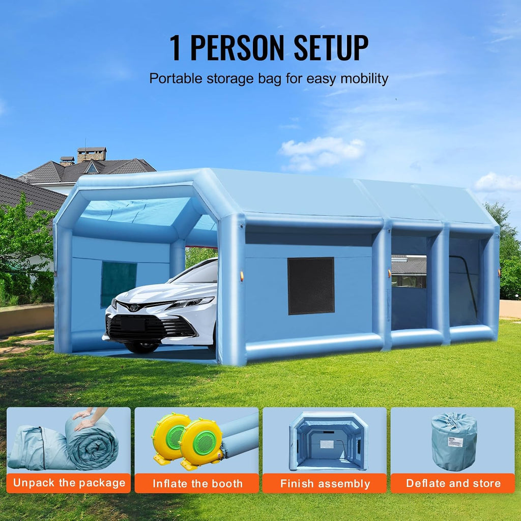 VEVOR Inflatable Paint Booth, 27.9 x 15.7 x 10.8 ft Inflatable Spray Booth, Portable Car Paint Booth for Small Truck, with 950W+750W Powerful Blowers and Air Filter System, Large Motorcycle, Midsize S