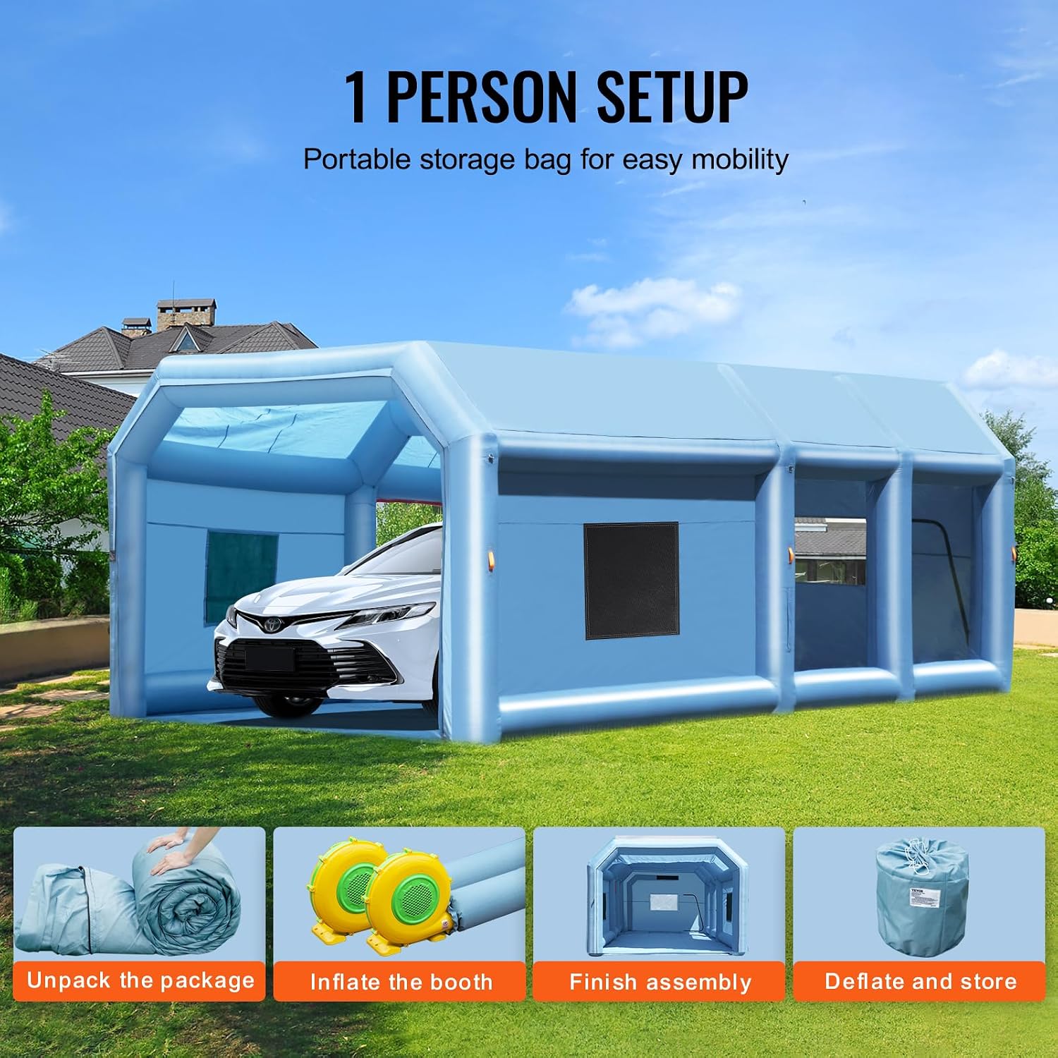 VEVOR Inflatable Paint Booth, 27.9 x 15.7 x 10.8 ft Inflatable Spray Booth, Portable Car Paint Booth for Small Truck, with 950W+750W Powerful Blowers and Air Filter System, Large Motorcycle, Midsize S