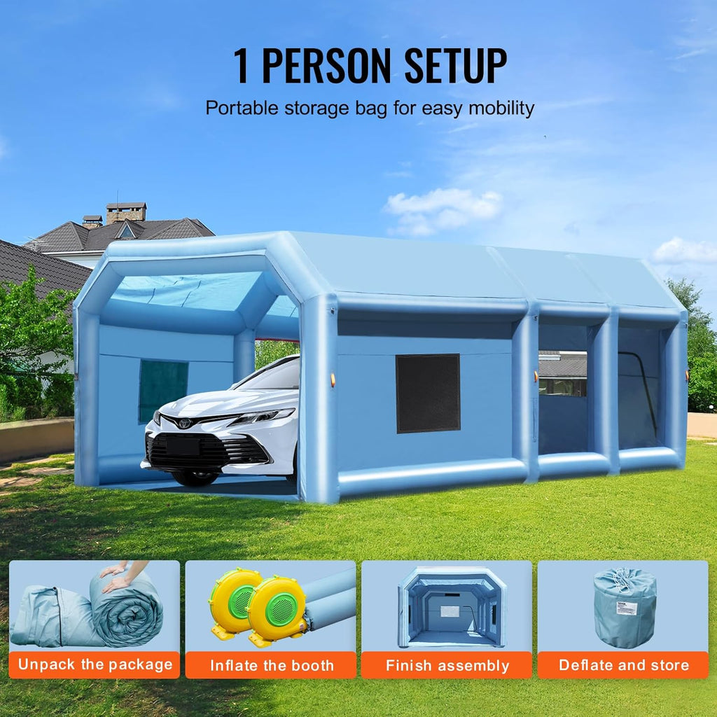 VEVOR Inflatable Paint Booth, 26.2 x 14.8 x 9.8 ft Inflatable Spray Booth, Portable Car Paint Booth for Small Truck, with 950W+750W Powerful Blowers and Air Filter System, Large Motorcycle, Midsize SU