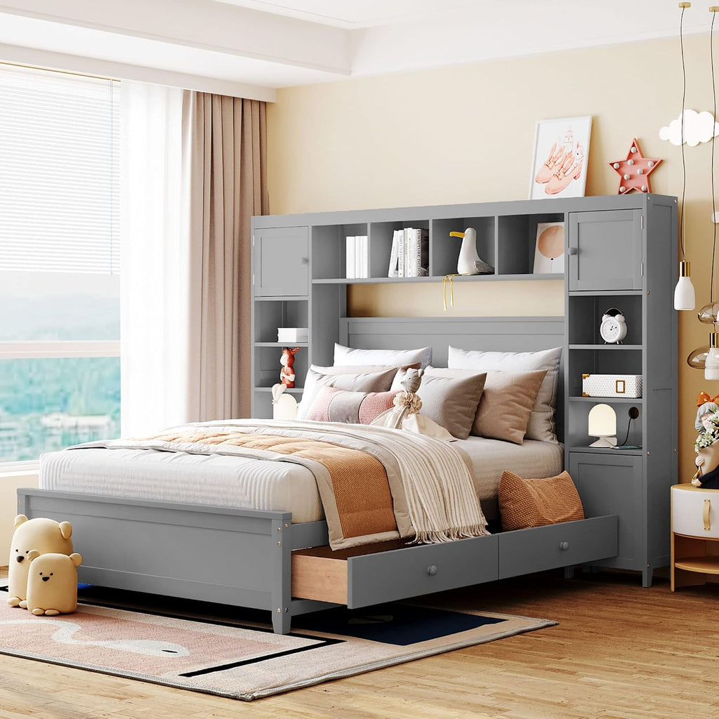 Harper & Bright Designs Full Size Wood Bed Frame with Bookcase Headboard,Open Shelves,4 Drawers and Cabinet,Space Saving Storage Platform Bed for Kids Teens Adults,No Box Spring Needed,Gray