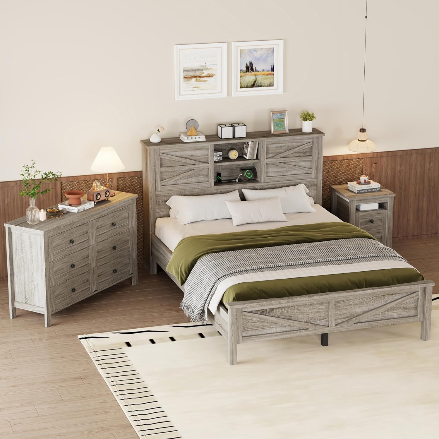LUMISOL 3-Piece Queen Size Bedroom Set, Rustic Wooden Platform Bed with Storage Headboard & Charging Stations, a Nightstand and Dresser, Queen Size Farmhouse Bedroom Furniture Set, Gray