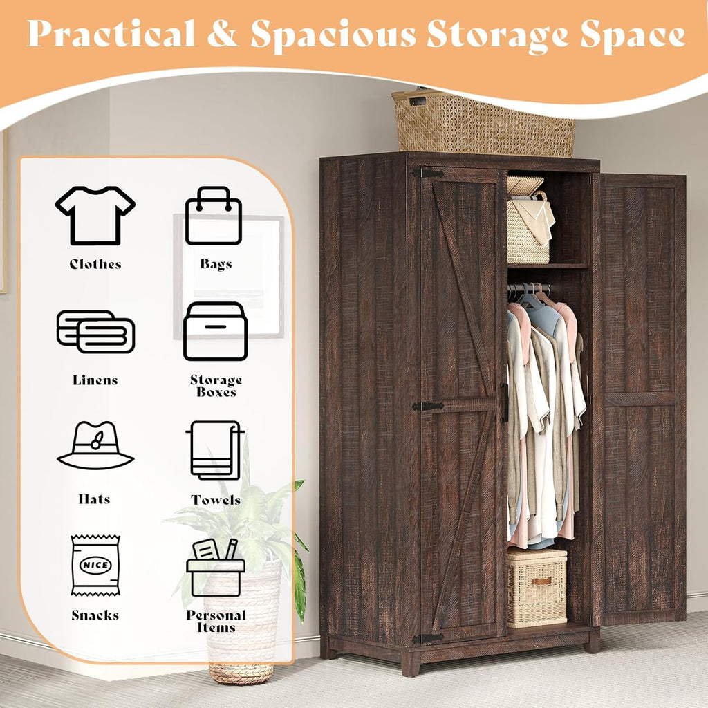 AMERLIFE Farmhouse Armoire Wardrobe Closet with 2 Barn Doors, 71'' Storage Cabinet with Hanging Rod & Shelf, Versatile Clothing Storage for Bedroom, Espresso
