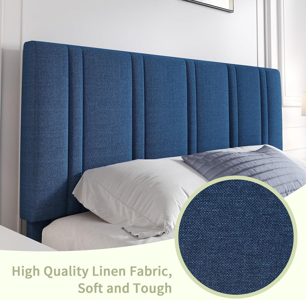 MaverickFurni Full Size Bed Frame with Headboard, Linen Fabric Upholstered Platform Bed Frame with Wooden Slats, Modern Style, No Box Spring Needed, Easy Assembly, Blue