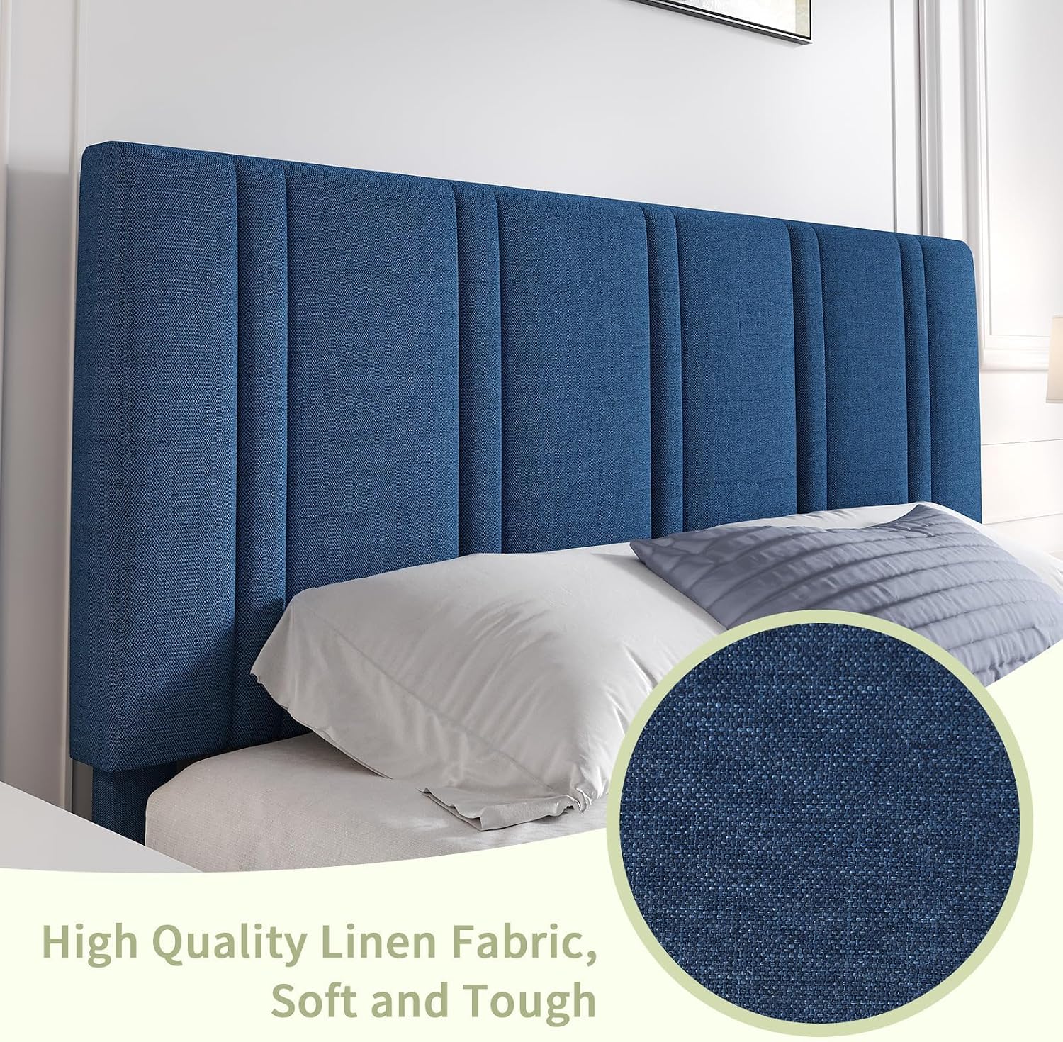 MaverickFurni Full Size Bed Frame with Headboard, Linen Fabric Upholstered Platform Bed Frame with Wooden Slats, Modern Style, No Box Spring Needed, Easy Assembly, Blue