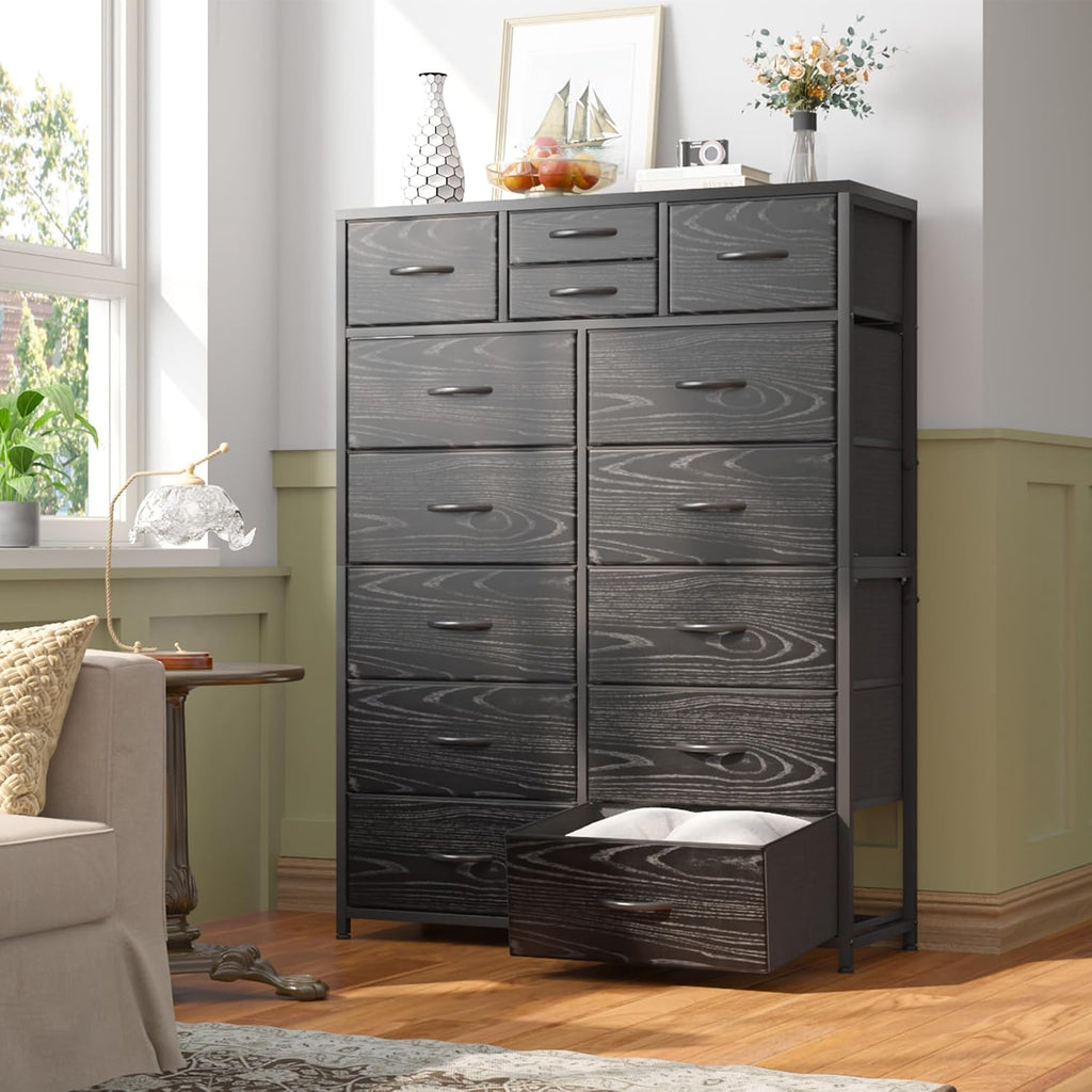 EnHomee Black Dresser with 10+4 Storage Drawers, Chest of Drawers, Sturdy Metal Frame & Wood Top, Bedroom, Hallway, Closets, Living Room, 52.2' H x 37.4' W x 11.8' D