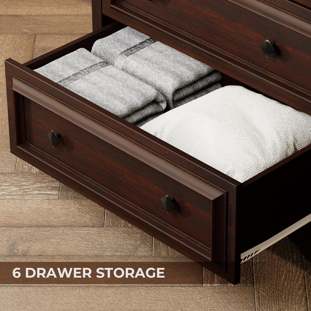 VVFLU Farmhouse 6 Drawer Dresser, 48' Tall Dresser Chest of Drawers with Natural Texture & Metal Handles, Storage Dressers Organizer for Bedroom, Living Room, Hallway, Vintage Design (Cherry)