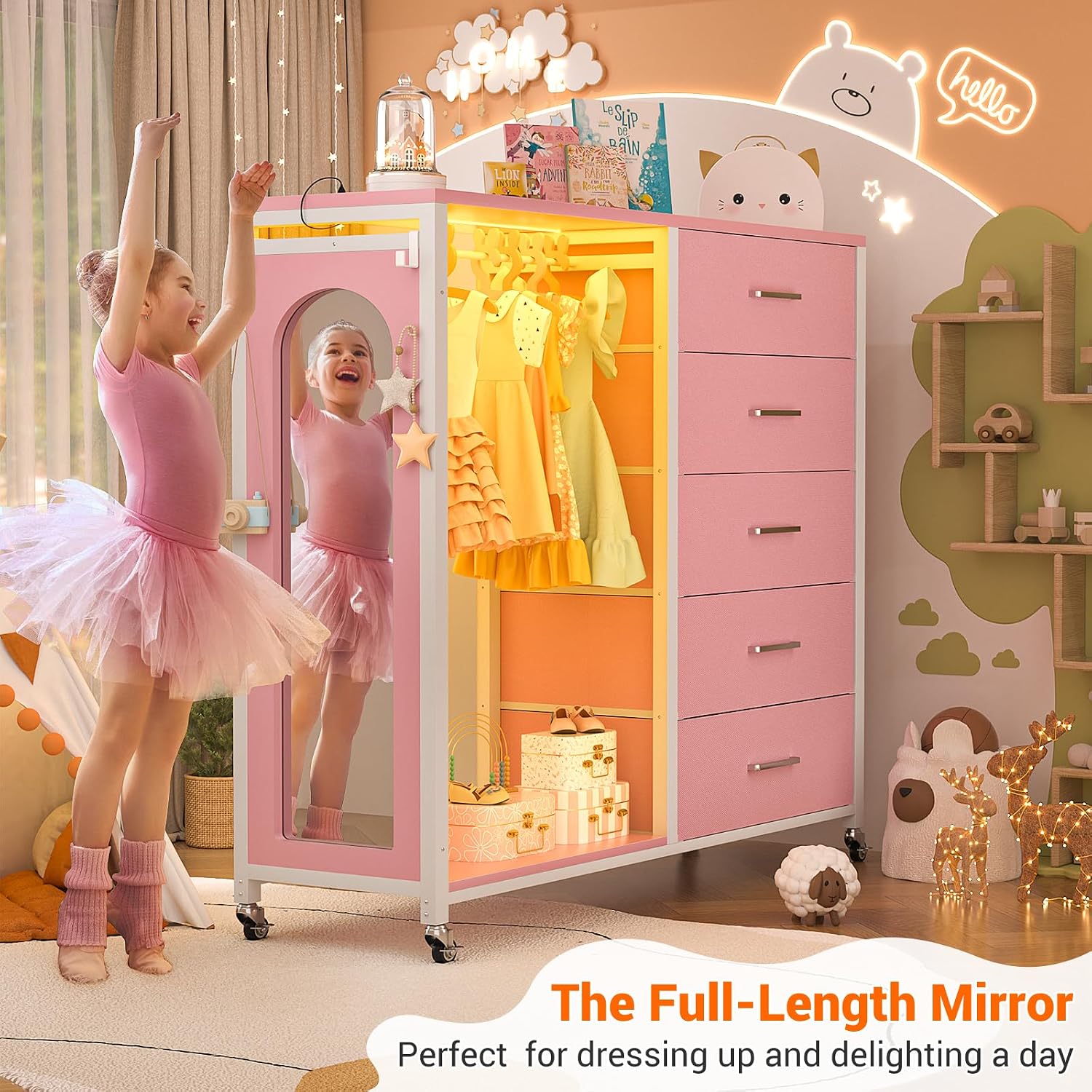 Cyclysio Dresser for Bedroom with Clothes Rack & Mirror, 5 Fabric Drawers Dresser with Charging Station & LED Lights, Rolling Chest of Drawers with Wheels, Full Length Mirror, Wooden Top, Closet