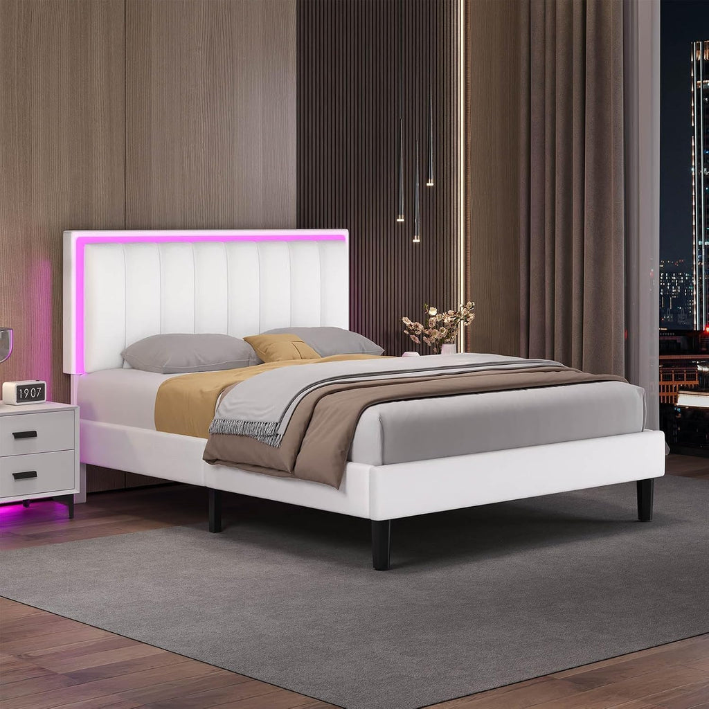 IMMERSTABLE Queen Bed Frame with RGB LED Lights, Upholstered Platform Bed Frame with Headboard, Wood Slat Support, No Box Spring Needed, Quiet Design, Easy Assembly, White