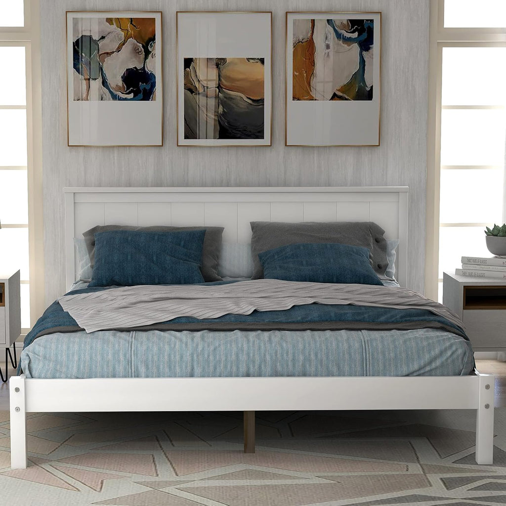 Full Size Platform Bed Frame with Headboard,Bedroom Stylish Bed W/Wood Slat Support & No Box Spring Required,Easy to Assemble,for Kids Teens Girls Boys,White