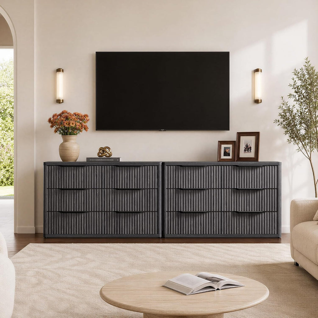 SICOTAS Dresser for Bedroom 53.5' Wide 6 Drawer Dressers & Chests of Drawers for Closet Long Large Modern TV Stand Set for Clothes Storage Fluted Clothes Closet for Hallway Entryway, Dark Grey Alder