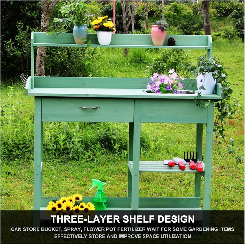 Potting Bench Table,Garden Potting Table, Potting Bench Garden Table Outdoor Garden Work Station with Removable Stainless Sink Planting Work Bench with Storage Shelves and Drawer, Green