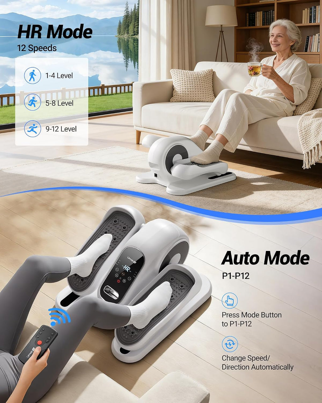 UMAY Under Desk Elliptical Machine, Electric Eclipse Leg Exerciser While Sitting for Seniors with 12 Speeds, Foot Peddler Exercise Machine, Manual & Auto Mode, Seated Pedal Exerciser for Home Office