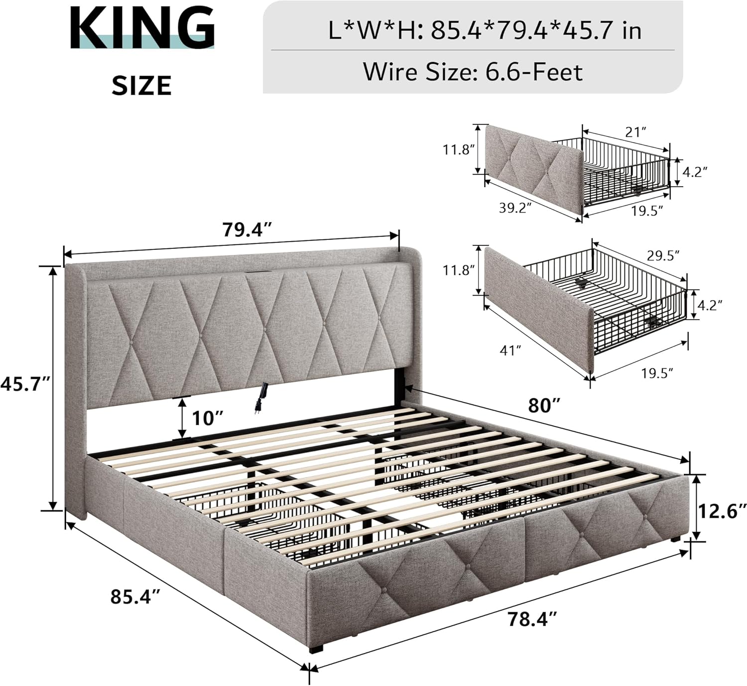 iPormis King Size Bed Frame with 4 Storage Drawers, Upholstered Platform Bed Frame with Charging Station, Modern Wingback Storage Headboard, Easy Assembly, Light Grey