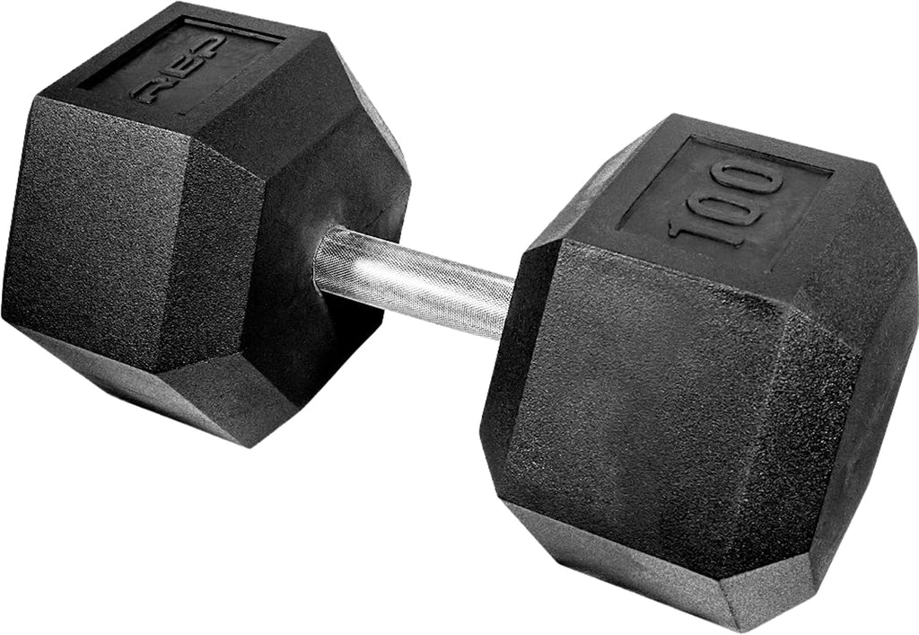 Rep Fitness Rubber Hex Dumbbell(s) - Singles (55LB +) and Pairs (5LB - 50LB) - Low Odor, Fully Knurled Handle
