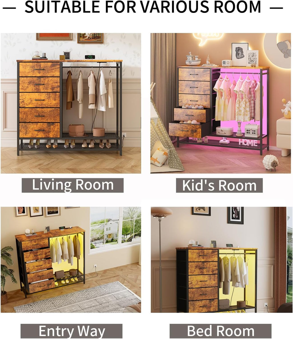 Dresser for Bedroom, Dresser with Hanging Rack Led Lights and Charging Station, Bedroom Dresser with 5 Fabric Chest of Drawers with PU Finish Storage Organizer, for Living Room Hallway Closet, Brown