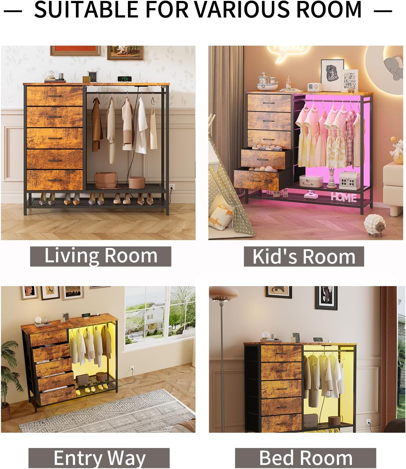 Dresser for Bedroom, Dresser with Hanging Rack Led Lights and Charging Station, Bedroom Dresser with 5 Fabric Chest of Drawers with PU Finish Storage Organizer, for Living Room Hallway Closet, Brown