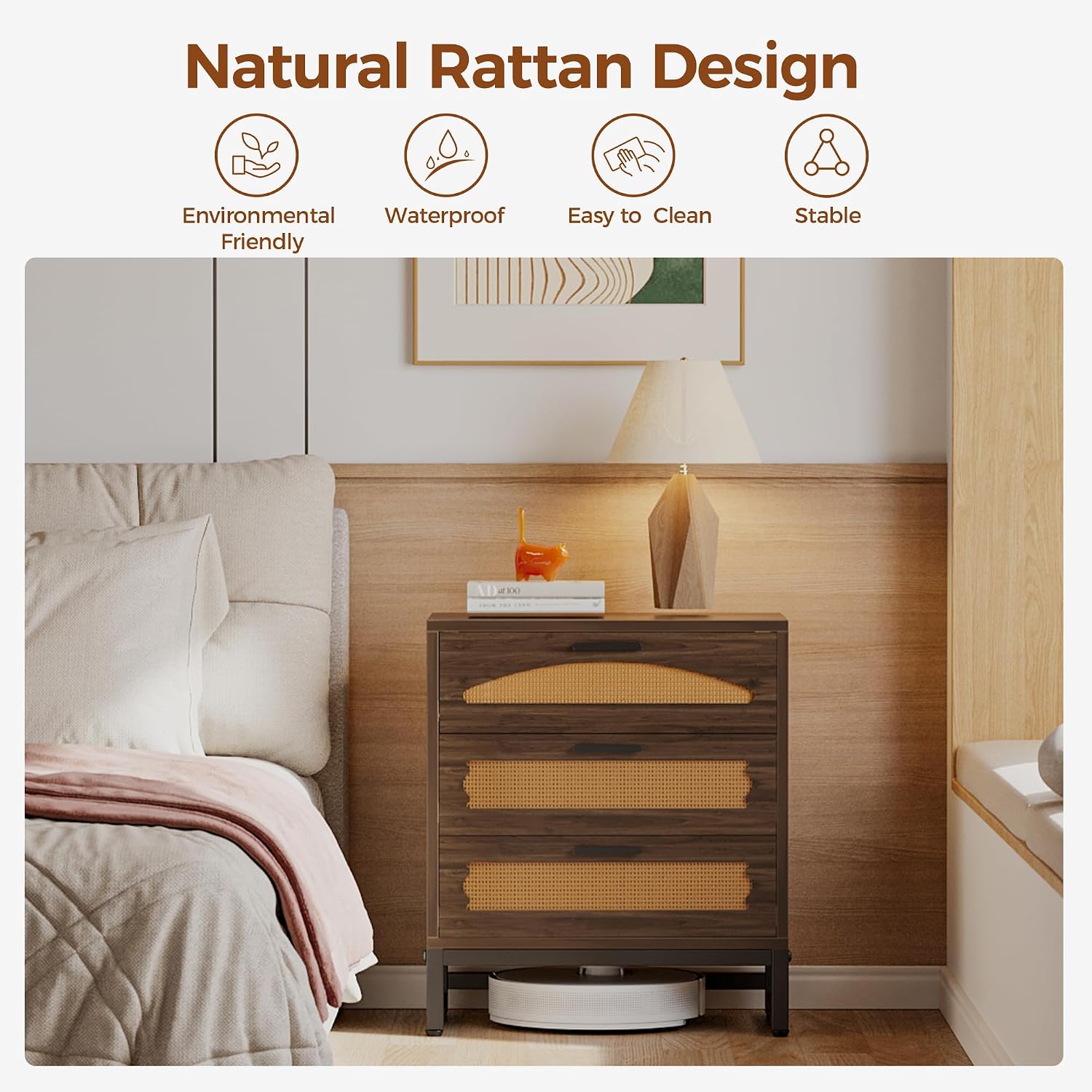 Mericonia 3 Drawer Rattan Dresser for Bedroom, Wood Dresser for Closet with Metal Handles, Small Boho Nightstand Sets, Dressers & Chests of Drawers for Bedroom, Hallway and Entryway, Walnut