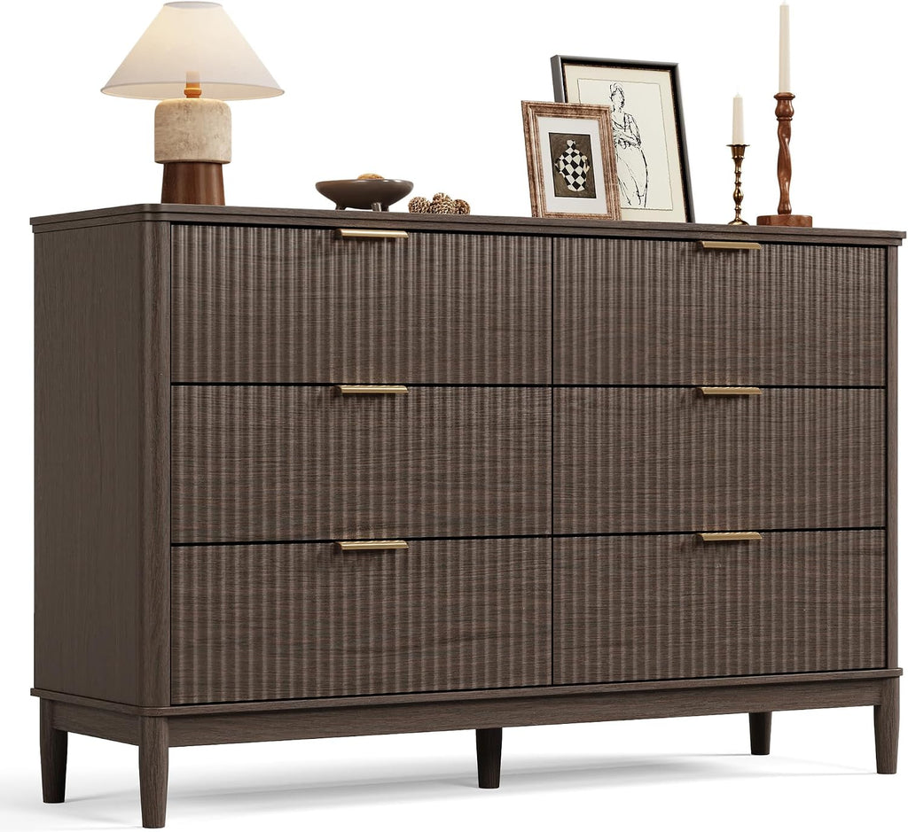 LINSY Fluted Dresser for Bedroom with 6 Drawers, Mid Century Modern Chest of Drawers with Gold Metal Handles, Wide Boho Wood Dressers, Large Farmhouse Storage Cabinet for Bedroom, Living Room, Walnut