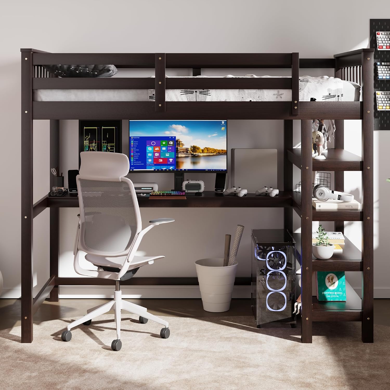 Merax Wood Loft Bed with Desk and Shelves : Twin Size Bed with Storage Shelves and Under-Bed Desk, Twin Loft Bed, Espresso Color