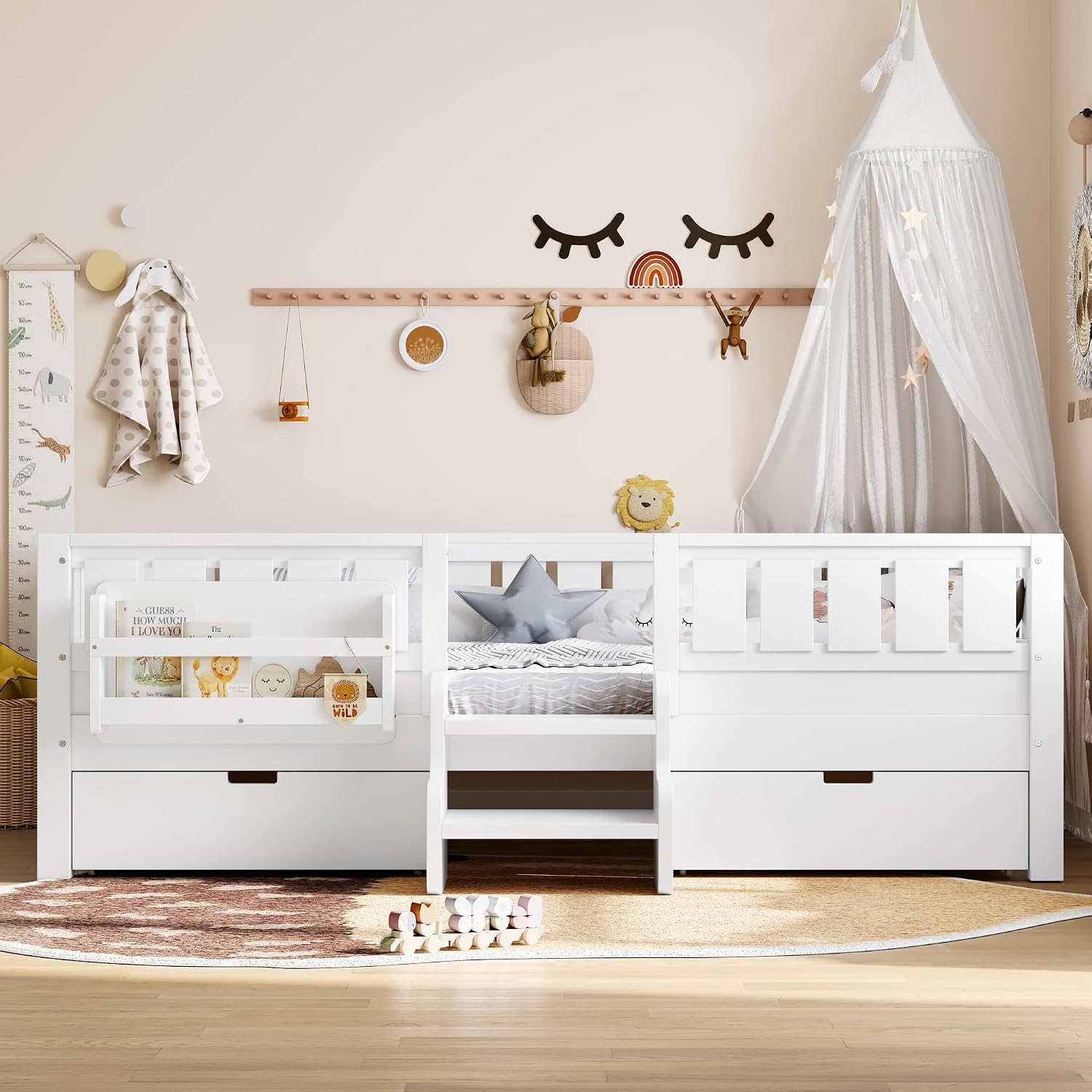 Bellemave Full Size Bed with Slats and Stairs, Full Size Platform Bed Frame with Fence, Bookshelf and Storage Drawers, Easy Assemble Beds for Kids, Girls, Boys, White