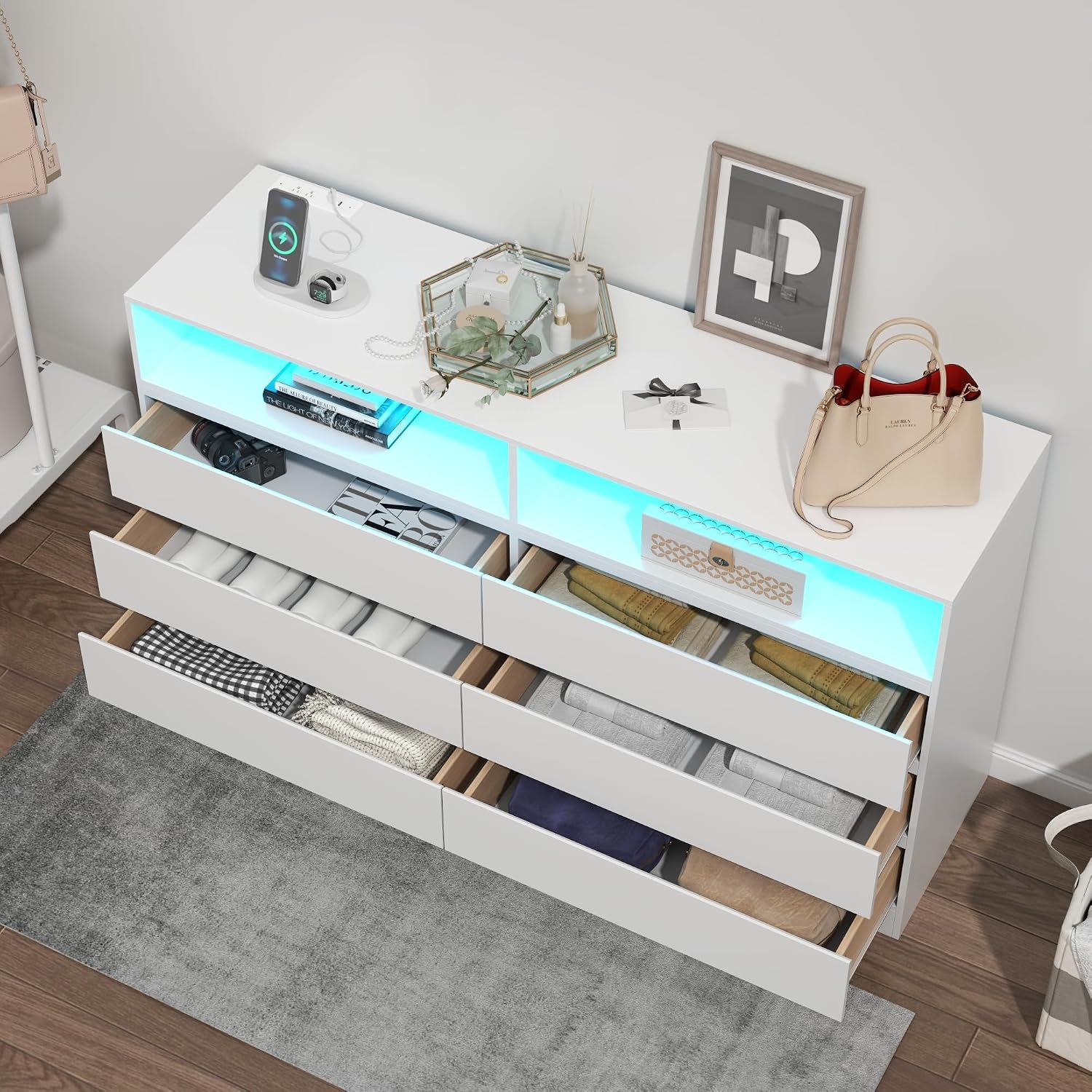 Loomie 6 Drawers Dresser, White Accent Chests of Drawers with Power Outlet and LED Light for Bedroom Living Romm