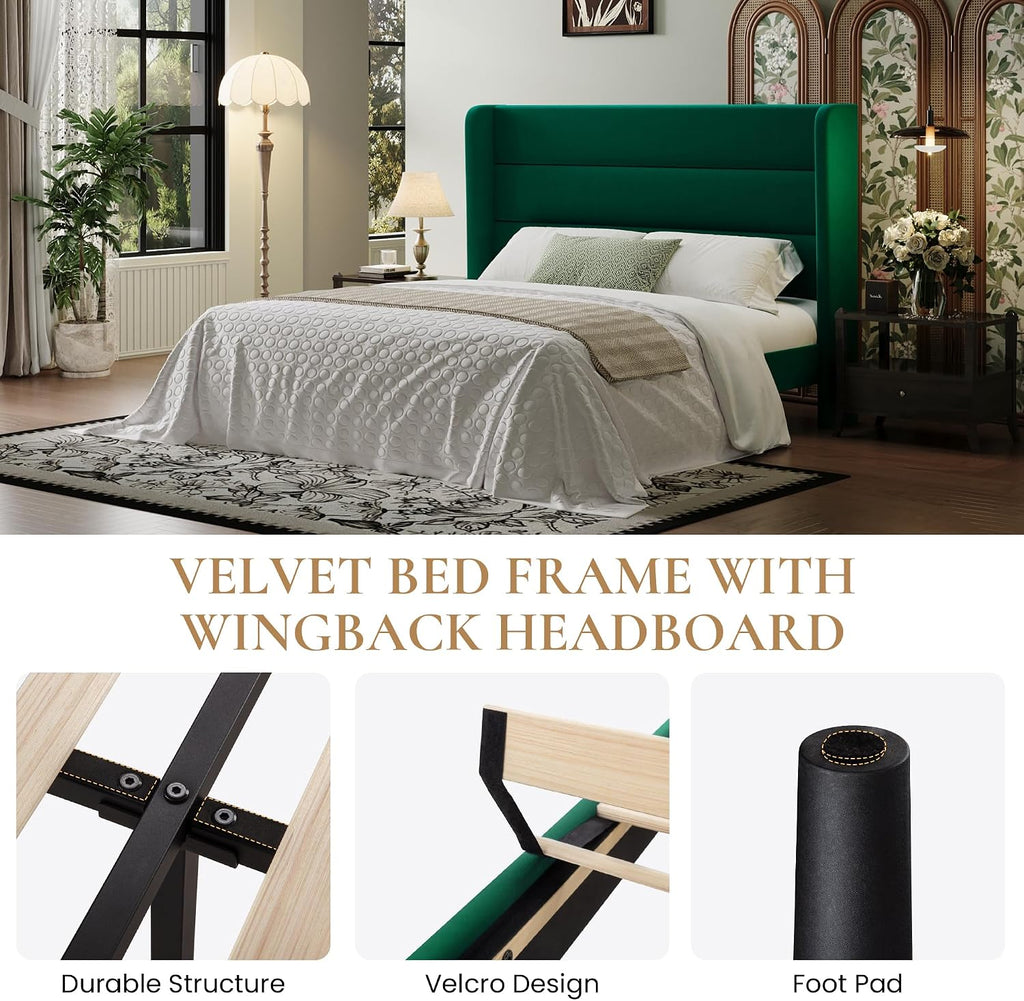SHA CERLIN Full Size Velvet Bed Frame with Wingback Headboard/Upholstered Platform Bed with Wooden Slats/Mattress Foundation/No Box Spring Needed/Easy Assembly/Green