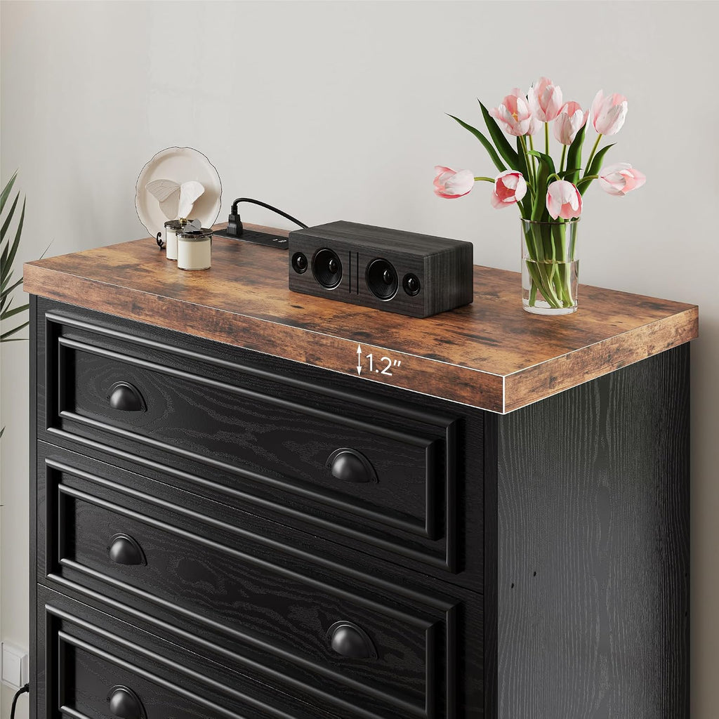 LIKIMIO 43' Tall 5 Drawers Dresser for Bedroom, Power Strip, Farmhouse Large Wood Dressers & Chest of Drawers with Wide Storage Cabinet, Black