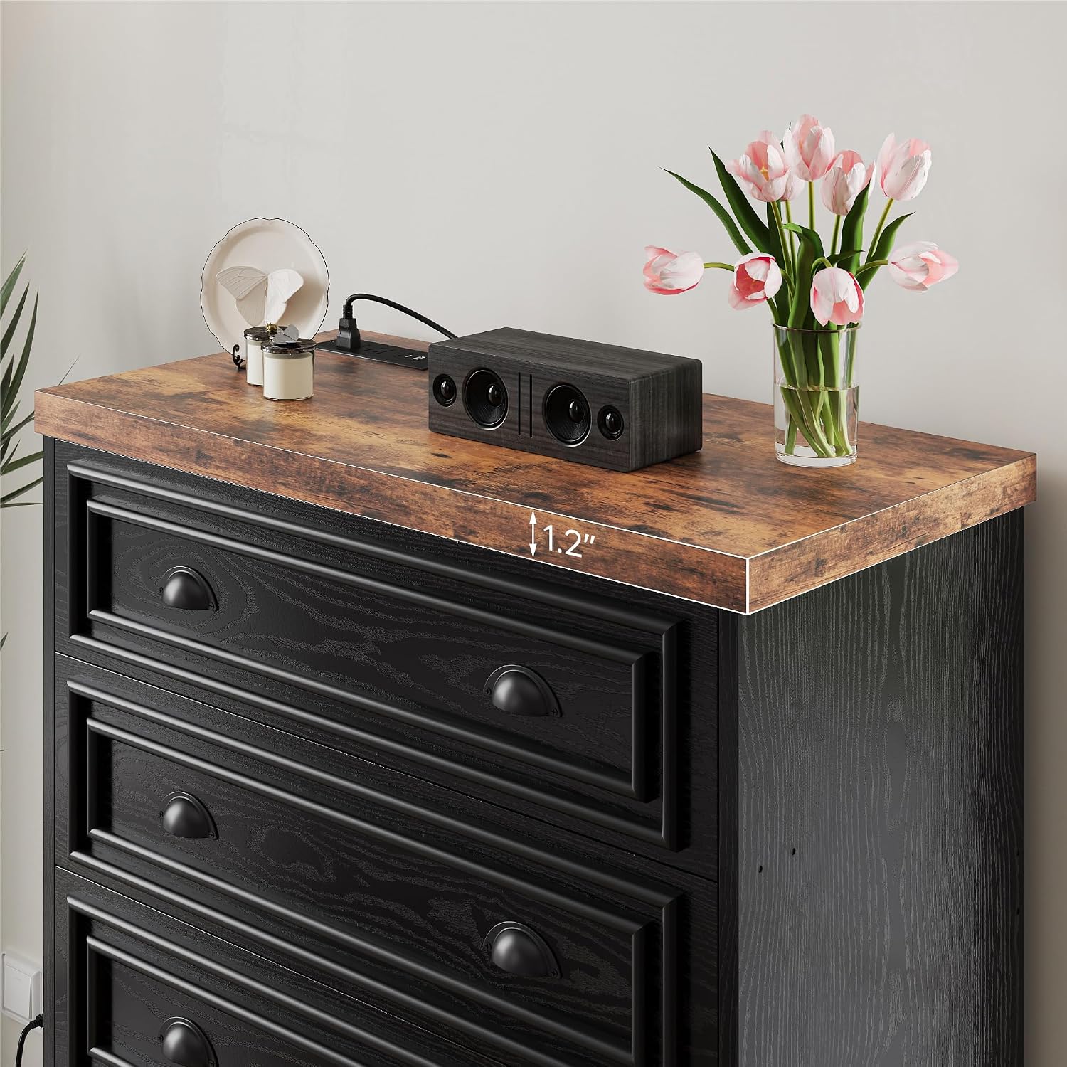 LIKIMIO 43' Tall 5 Drawers Dresser for Bedroom, Power Strip, Farmhouse Large Wood Dressers & Chest of Drawers with Wide Storage Cabinet, Black