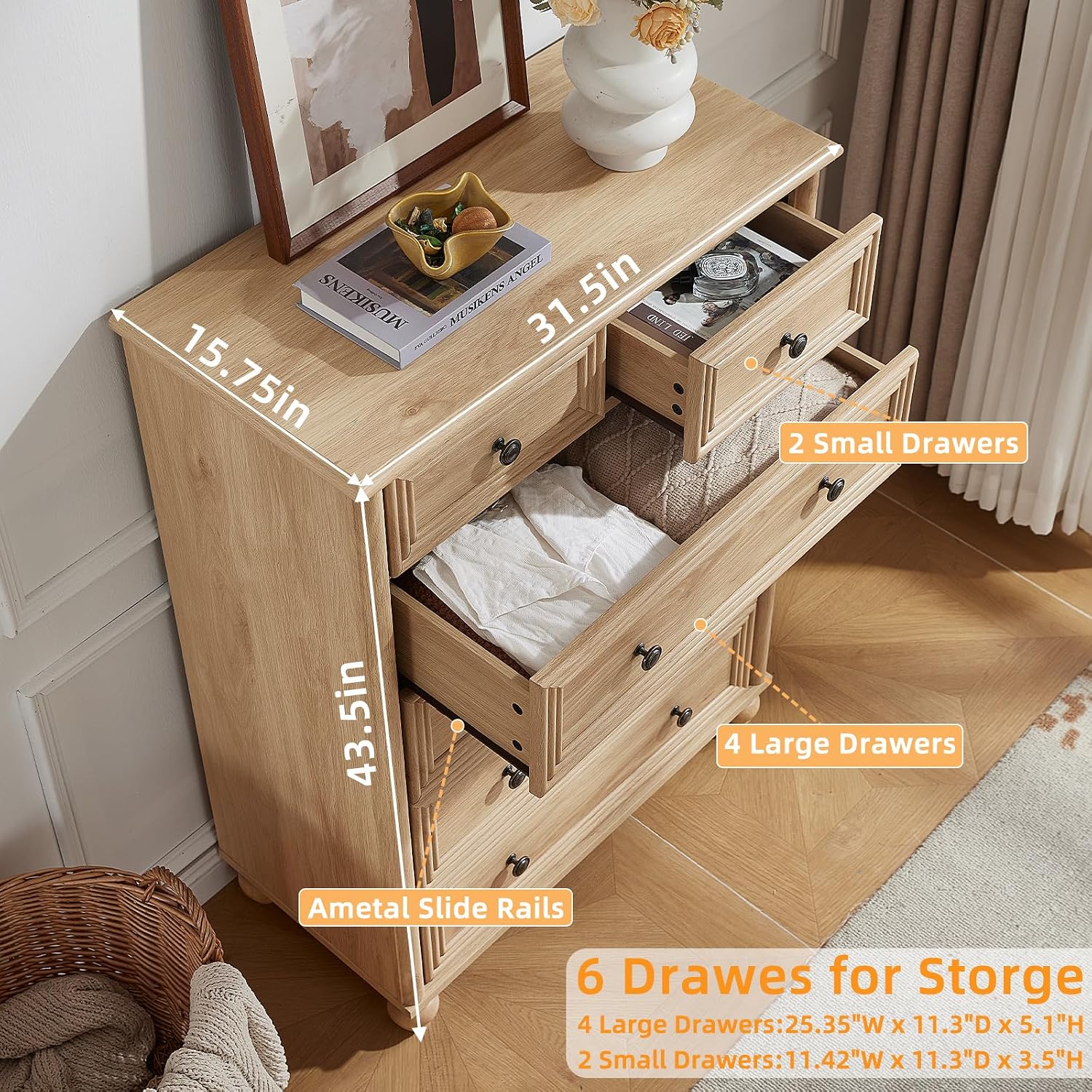 RWYHG Farmhouse 6 Drawer Dresser, 15.75'D x 31.5'W x 43.5'H Chest of Drawers for Bedroom, Natural Tall Dresser with 4 Solid Wood Feet, Wood Storage Dressers Organizer for Living Room Hallway Closet