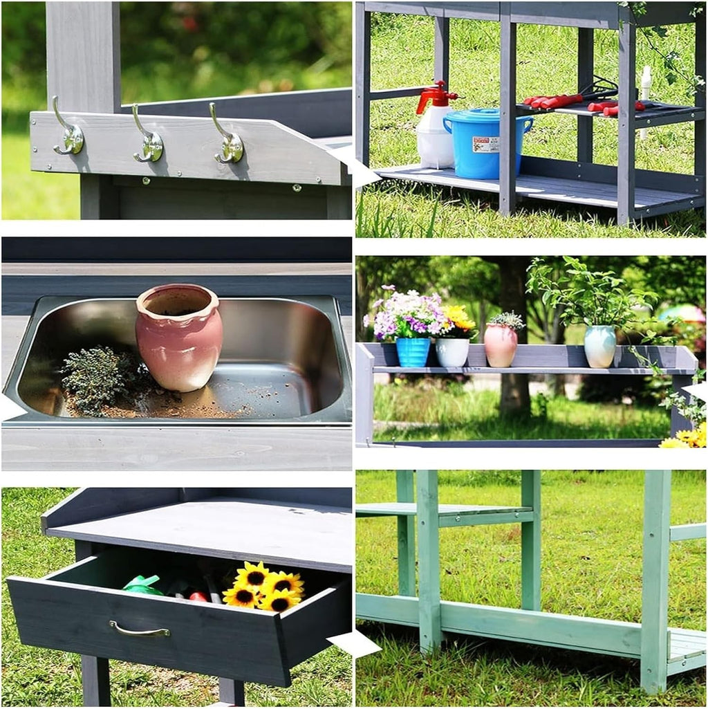 Potting Bench Table,Garden Potting Table, Potting Bench Garden Table Outdoor Garden Work Station with Removable Stainless Sink Planting Work Bench with Storage Shelves and Drawer, Green